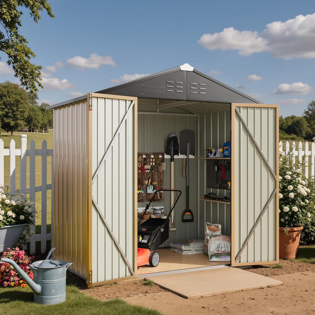 Greesum 6x4FT Outdoor Storage Shed, Utility Tool Shed Metal Storage Garden Shed with Door & Lock for Patio Storage, Brown