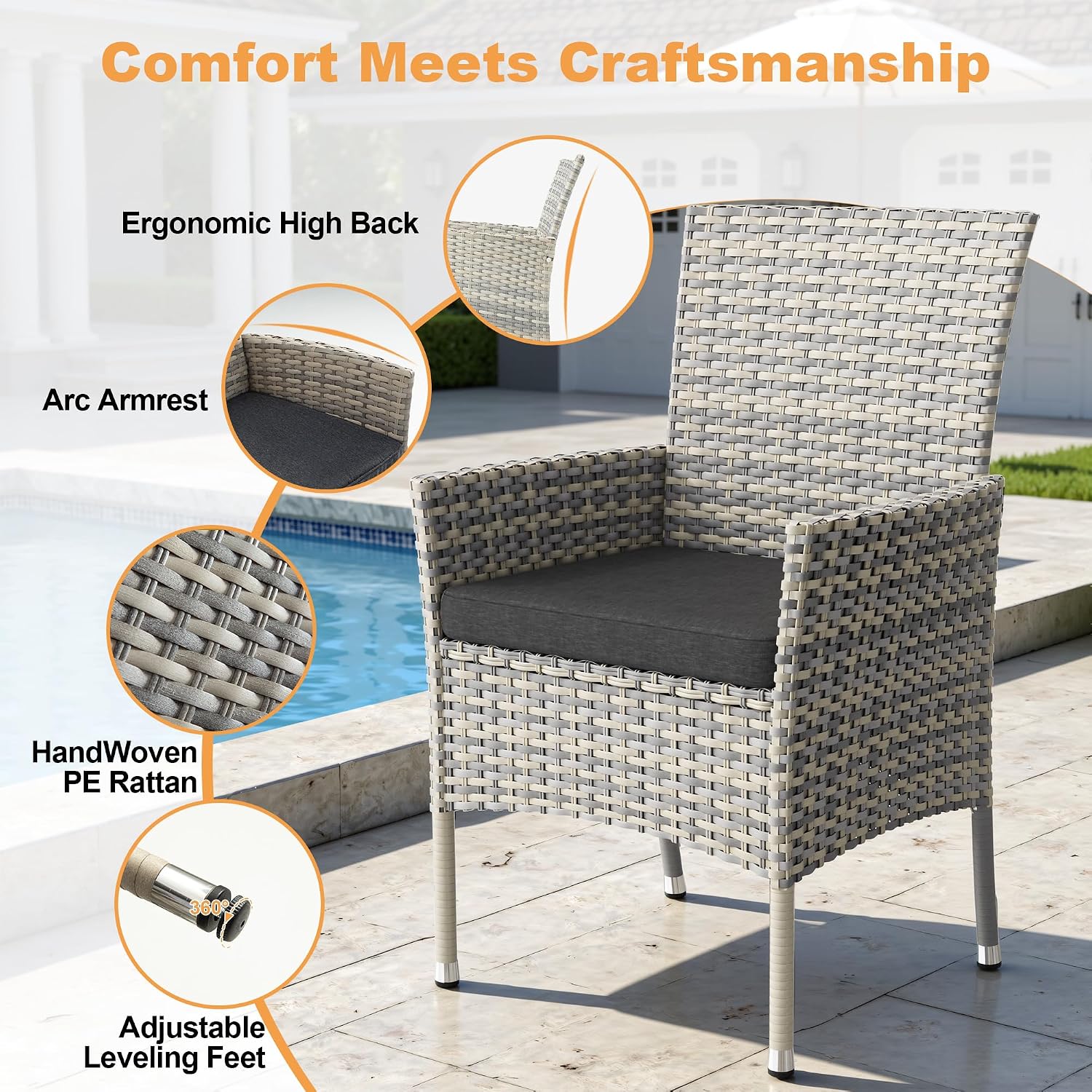 15-Piece Patio Dining Set, Patio Furniture Set with Square Tempered Glass Table & 12 Wicker Chairs, Expandable Design for Larger Groups, Outdoor Furniture for Backyard, Deck, Garden, Dark Grey