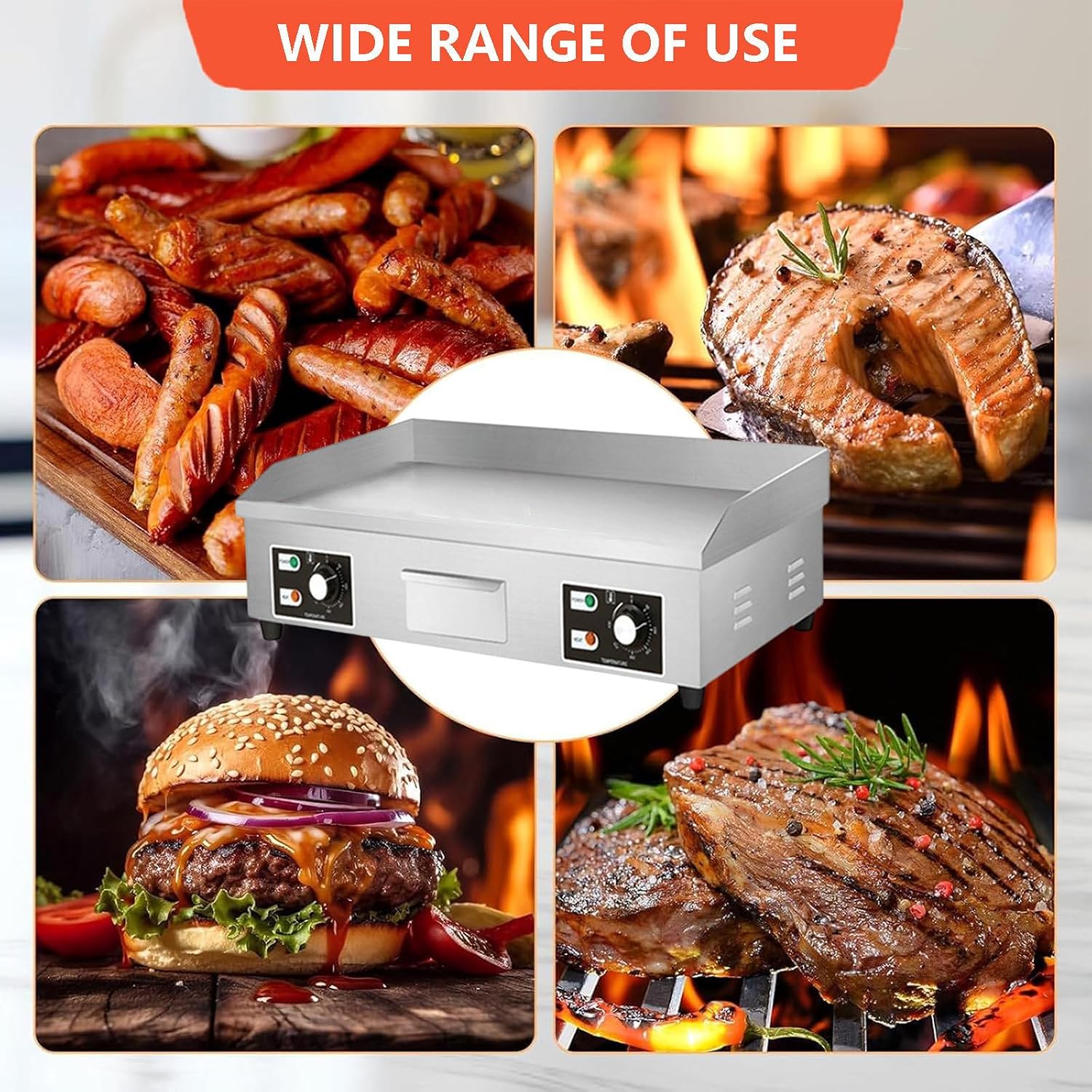 Electric Griddle, Commercial Flat Grill, Stainless Steel Steak-Bacon Fryer, Countertop Burger-Bacon Griddle Pancake Maker, With 3 Cleaning Brushes,4400W