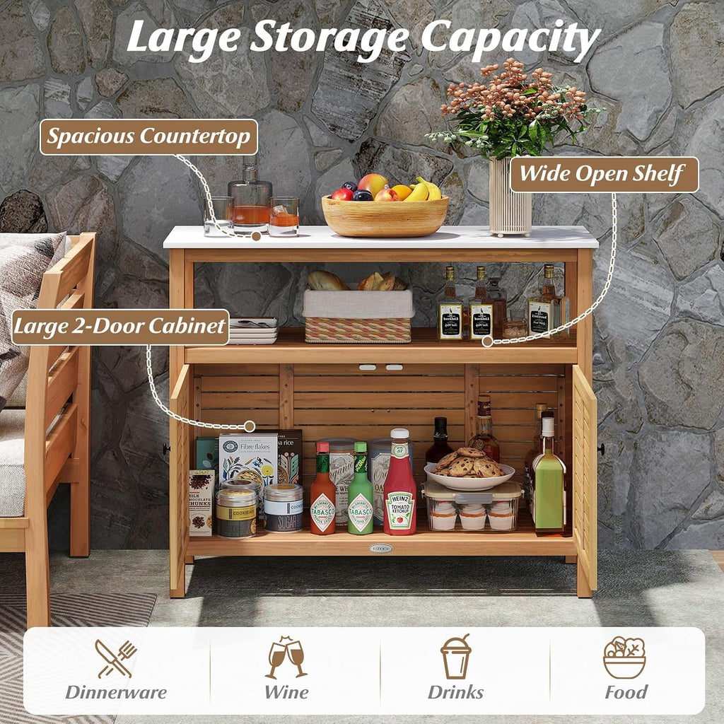 Goplus Patio Storage Cabinet, Outdoor Acacia Wood Buffet Cabinet with Marble-Like Countertop, Open Shelf & 2 Doors, Sideboard Organizer for Outdoor Kitchen, Garden, Backyard