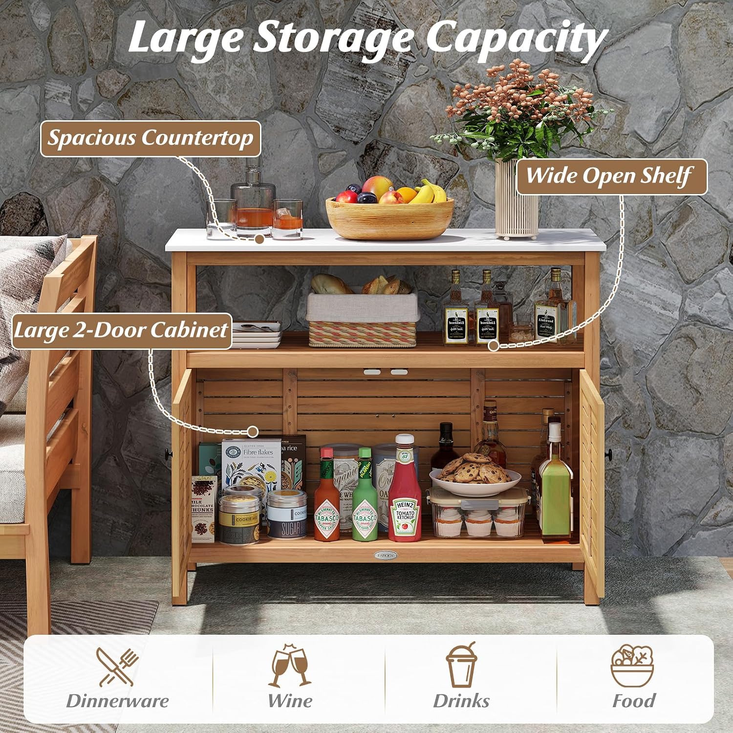 Goplus Patio Storage Cabinet, Outdoor Acacia Wood Buffet Cabinet with Marble-Like Countertop, Open Shelf & 2 Doors, Sideboard Organizer for Outdoor Kitchen, Garden, Backyard