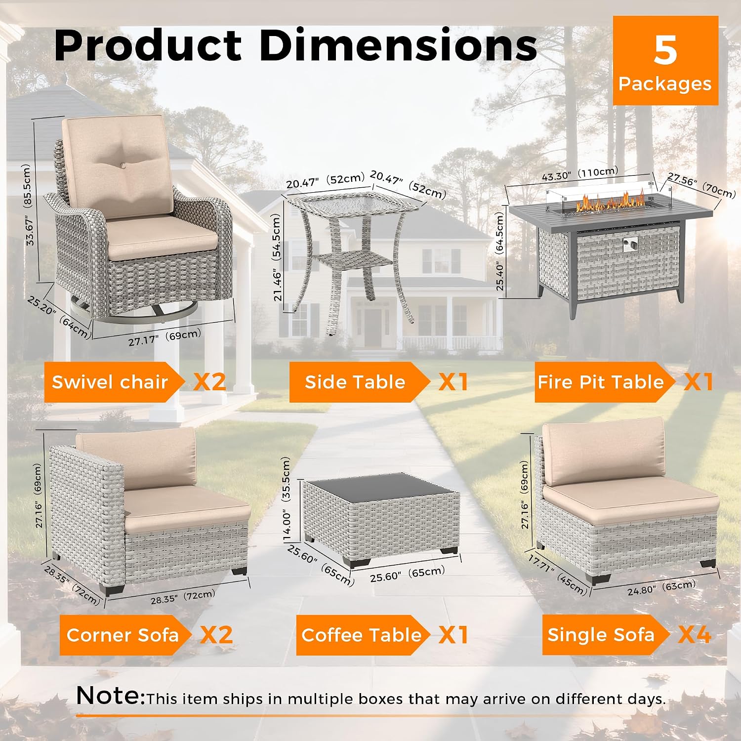 8-Seat Outdoor Wicker Patio Furniture Set with Fire Pit Table, Modular Rattan Sectional Sofa & 2 Swivel Rocking Chairs, 4' Thick Cushions, Rust-Resistant Frame,Beige
