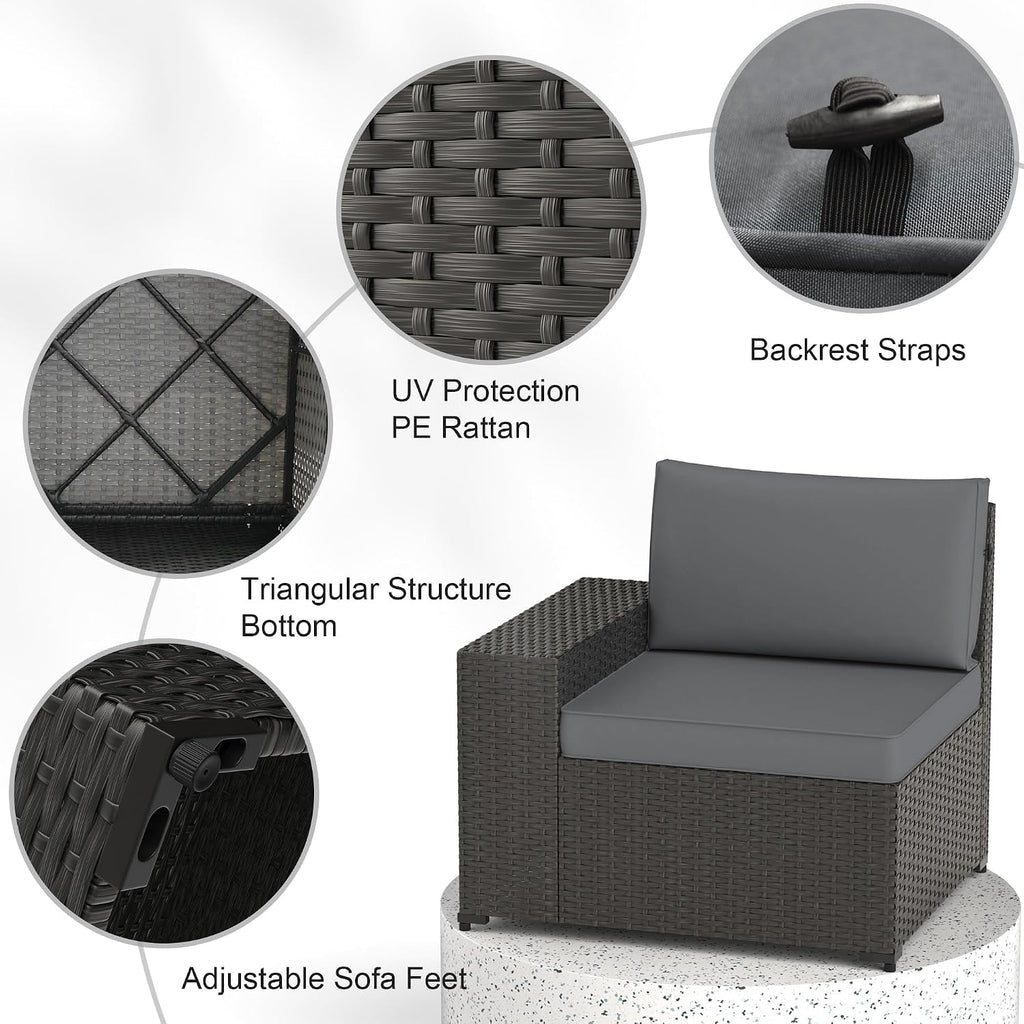 Patio Furniture Set, 6PCS Outdoor Sectional with Ottoman Wicker Rattan Patio Couch with Thickened Cushion Modular Wicker Patio Conversation Set with Glass Top Table for Balcony, Backyard(Grey)