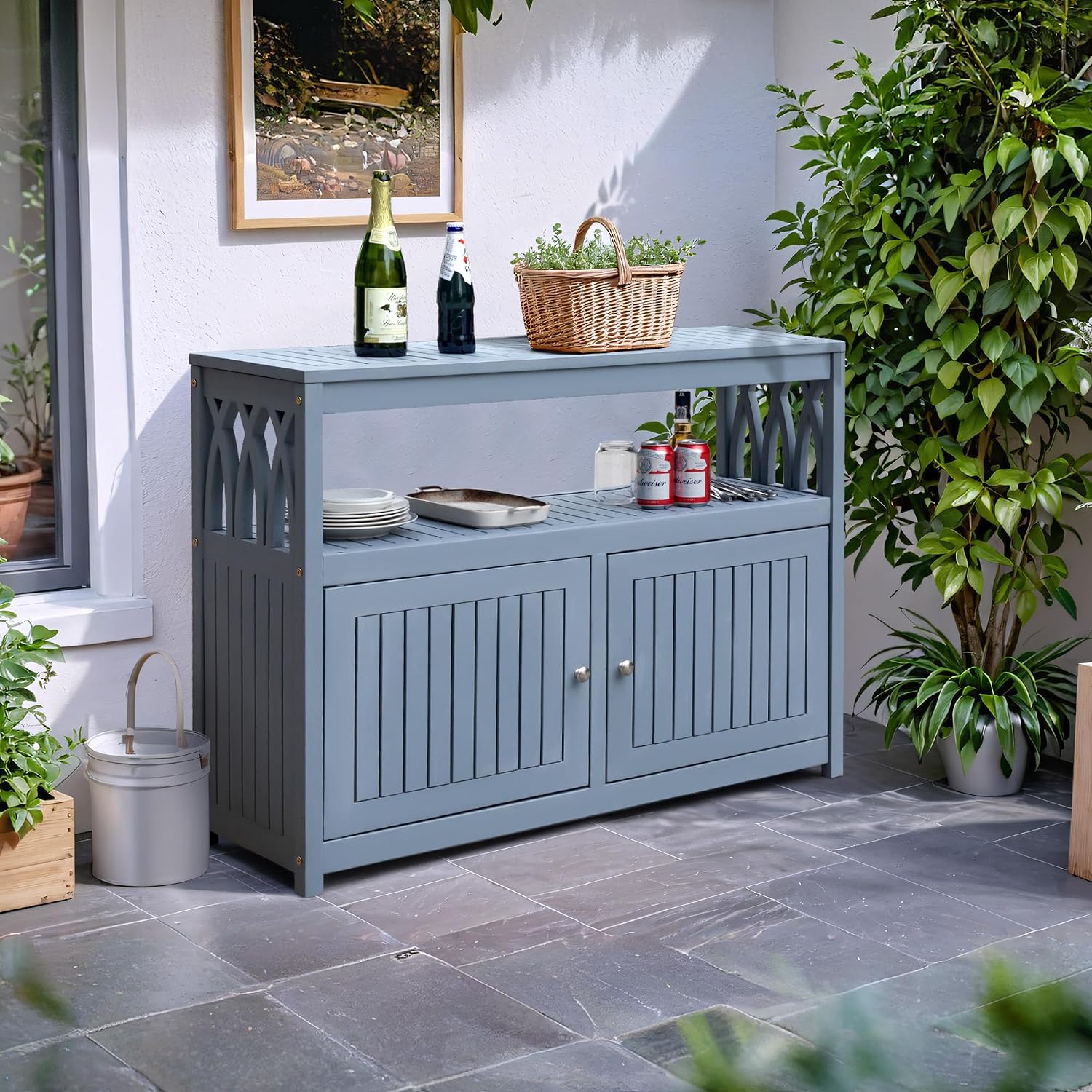 Flamaker Acacia Wood Cabinet with 2 Magnetic Doors - Weatherproof Outdoor Storage, Buffet, TV Stand, Bar, Potting Table (Grey)