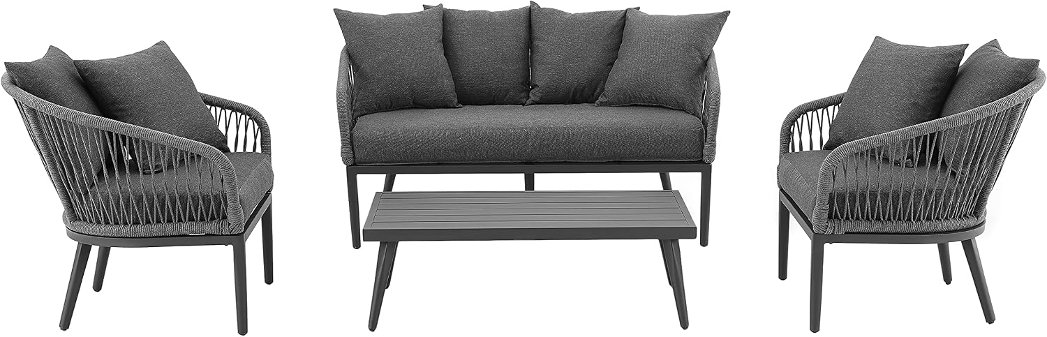 Crosley Furniture Dover 4-Piece Outdoor Loveseat Patio Furniture Set, Conversation Sets for Porch, Deck, Matte Black with Charcoal Cushions