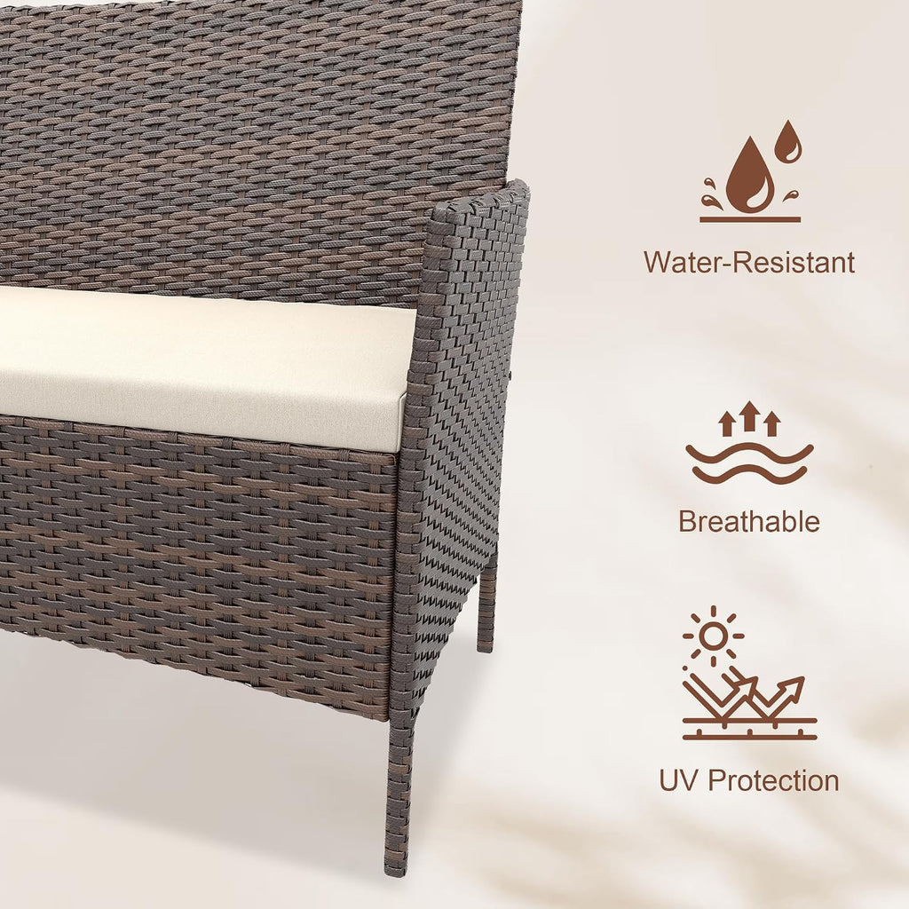 GarveeLife 4-Piece Patio Furniture Set, Rattan Outdoor Furniture with Upholstered Sofa, 2 Chairs & Coffee Table, Modern Conversation Bistro Set for Garden Backyard Porch (Brown and Beige)