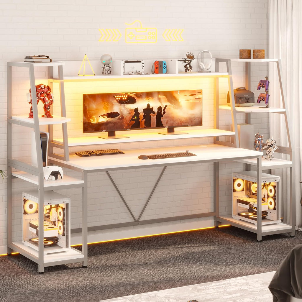SEDETA White Gaming Desk 78.8'' with LED Lights, Hutch and Storage Shelves, Computer Desk with Monitor Stand, Large PC Gamer Desk Workstation, Ergonomic Gaming Table for Bedroom, Living Room