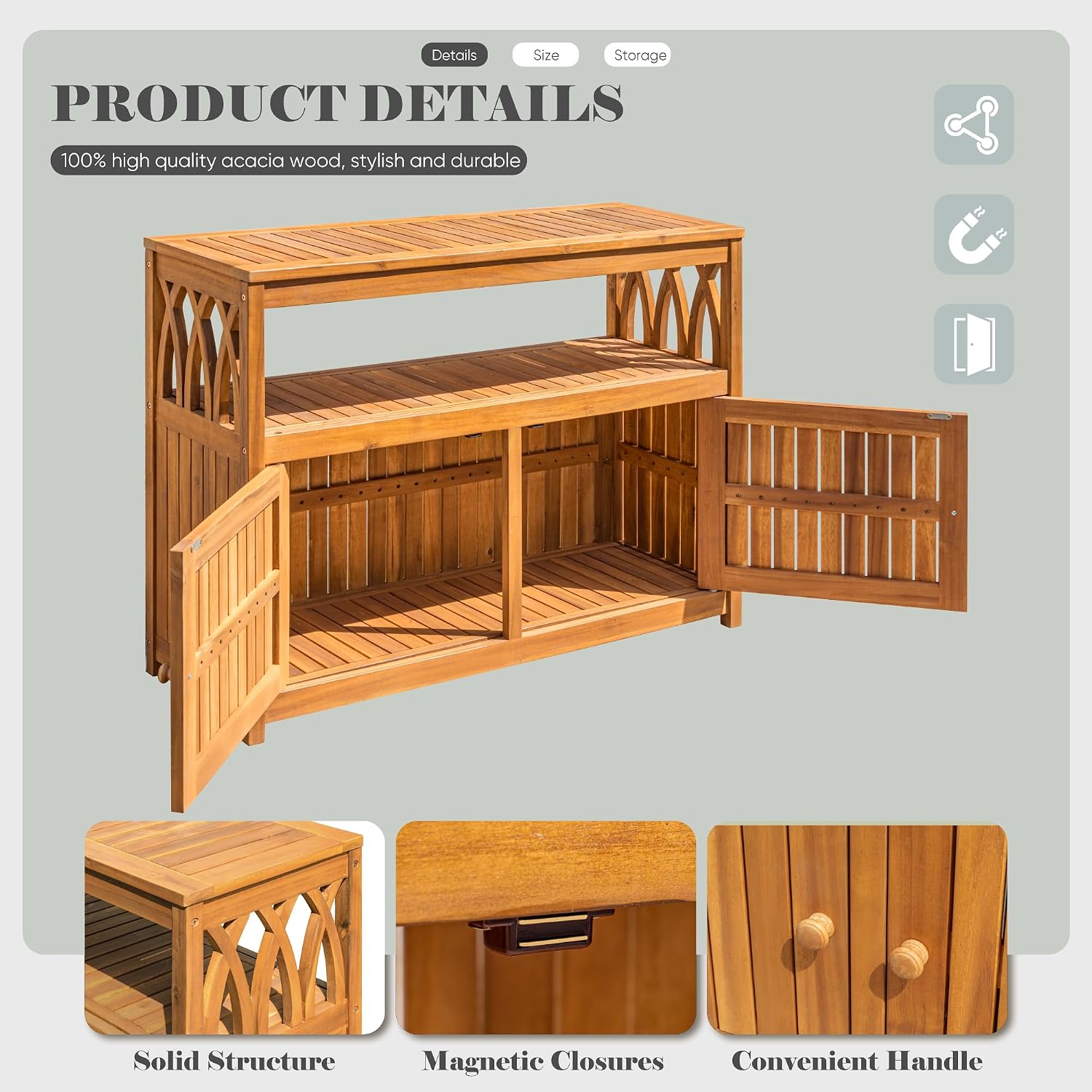 Devoko Outdoor Storage Cabinet, Weatherproof Cabinet Acacia Wood with 2 Magnetic Doors and Shelve, Outdoor Buffet, TV Stand, Potting Table (Brown)