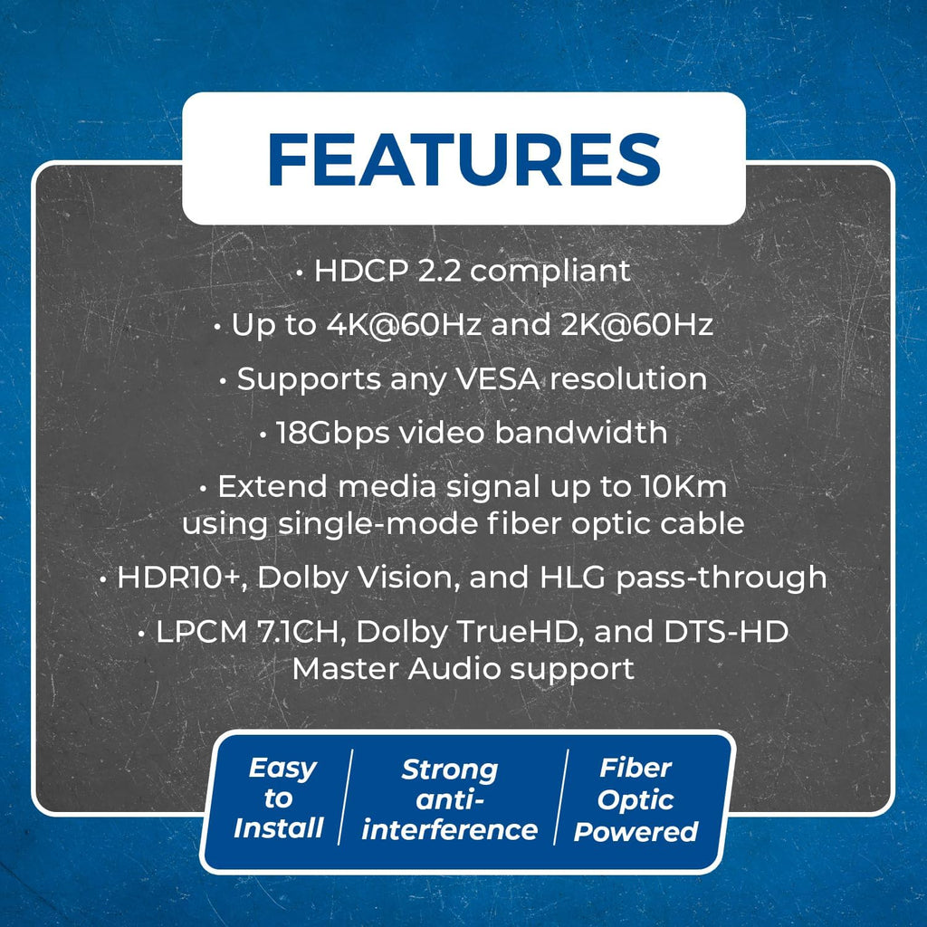OREI 4K HDMI Extender Over Fiber Optic Balun - UltraHD 4K @ 60Hz 4:4:4 DR, HDR10+, SFP+ - Up to 10 KM in Single Mode - 300M in Multi-Mode