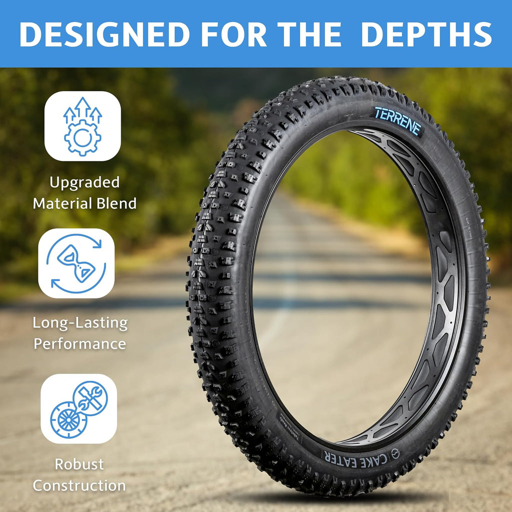 Fat Bike Tire by Terrene - Cake Eater Tubeless, Stud Capable, Fast Rolling Fat Tire - All Season Bike Accessories for Fat Tire and E-Bikes