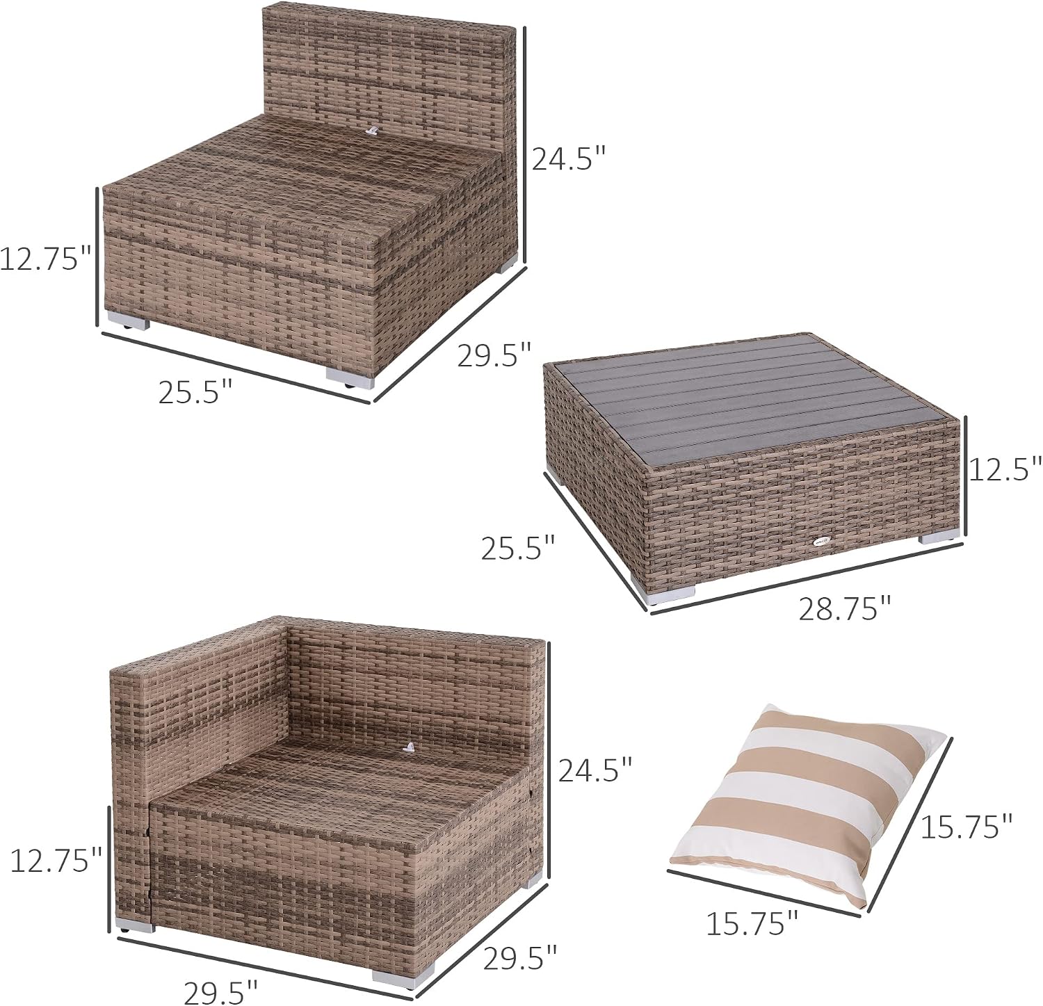 Outsunny 7 Piece Patio Furniture Set, Wicker Outdoor Sectional Sofa Set, All Weather PE Rattan Outdoor Furniture Conversation Sets with Cushions, Faux Wood Coffee Table, Striped Pillows, Gray