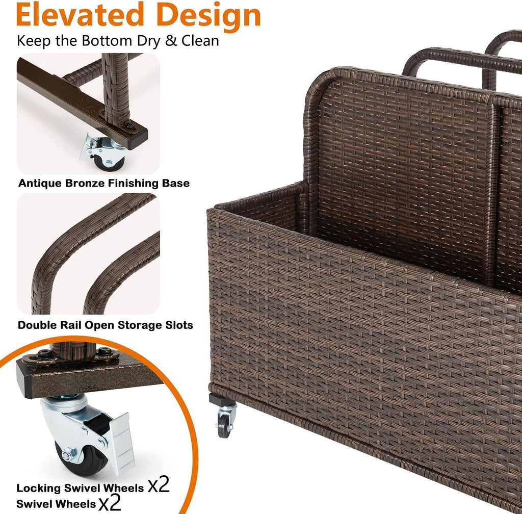 Poolside Float Storage Organizer, Outdoor Wicker Rattan Pool Float Holder Storage Rack for Basket Box Patio Pool Storage Caddy with Rolling Wheels for Pool Toy Noodles Equipment Accessroies (Brown)