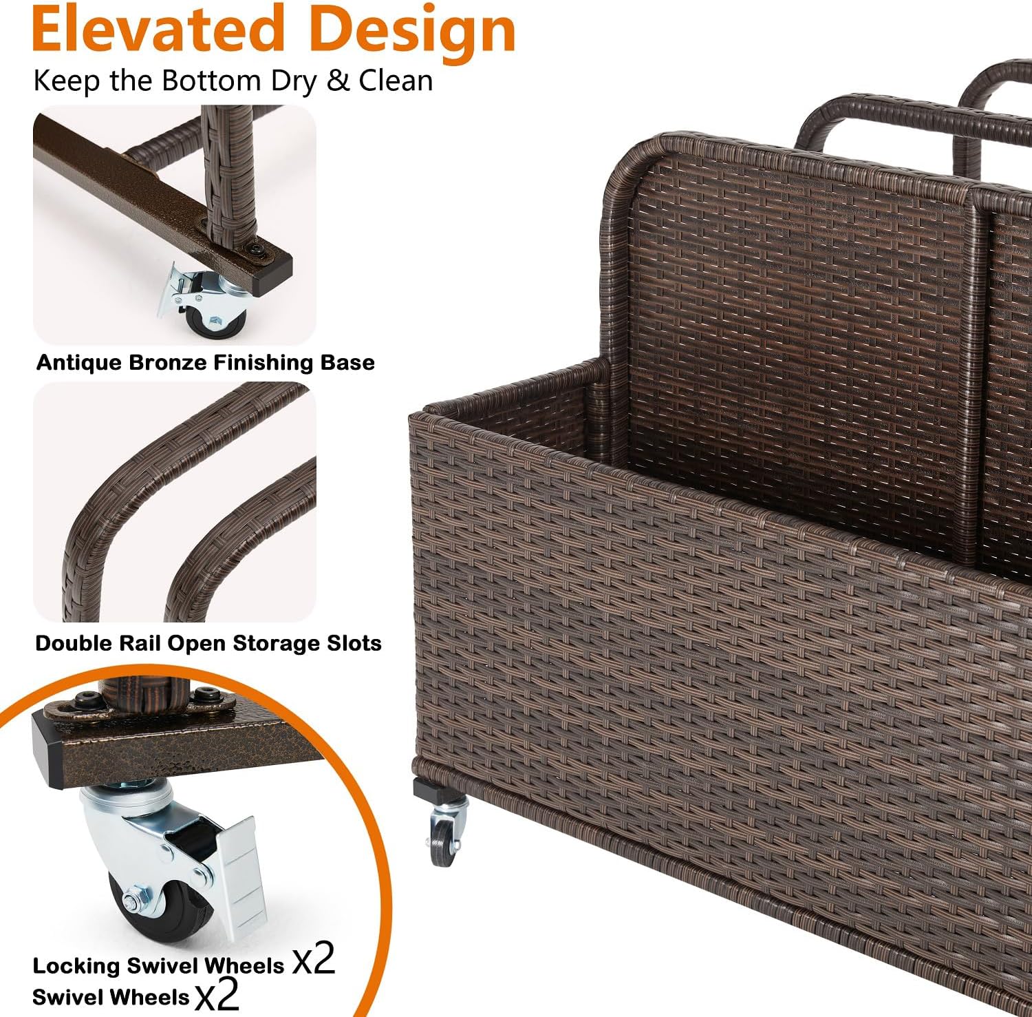 Poolside Float Storage Organizer, Outdoor Wicker Rattan Pool Float Holder Storage Rack for Basket Box Patio Pool Storage Caddy with Rolling Wheels for Pool Toy Noodles Equipment Accessroies (Brown)