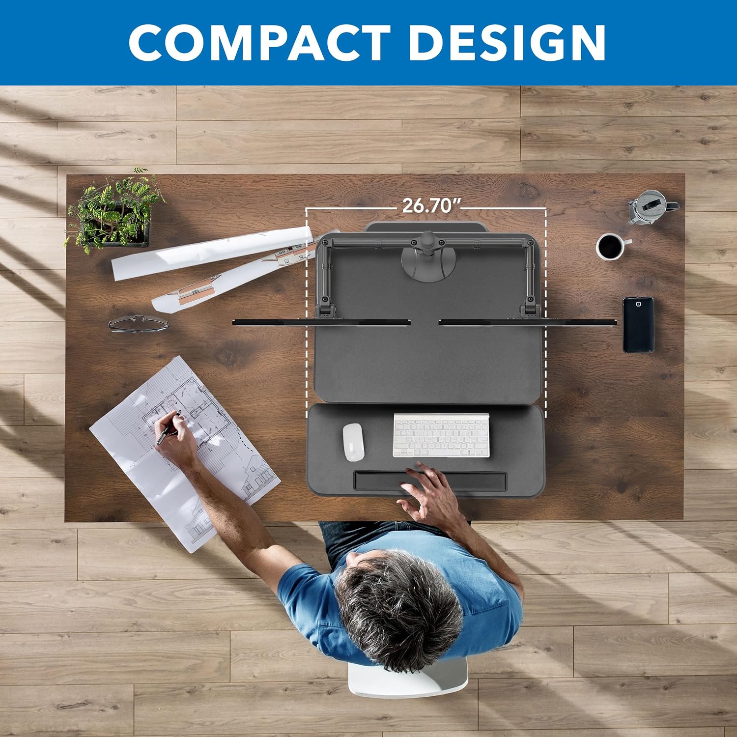 Mount-It! Standing Desk Converter, Stand Up Desk Riser with Dual Monitor Mount, Adjustable Workstation in Black, Top Platform 23' Wide, Keyboard Mouse Tray 27' Wide, Raises 5' to 17' Tall