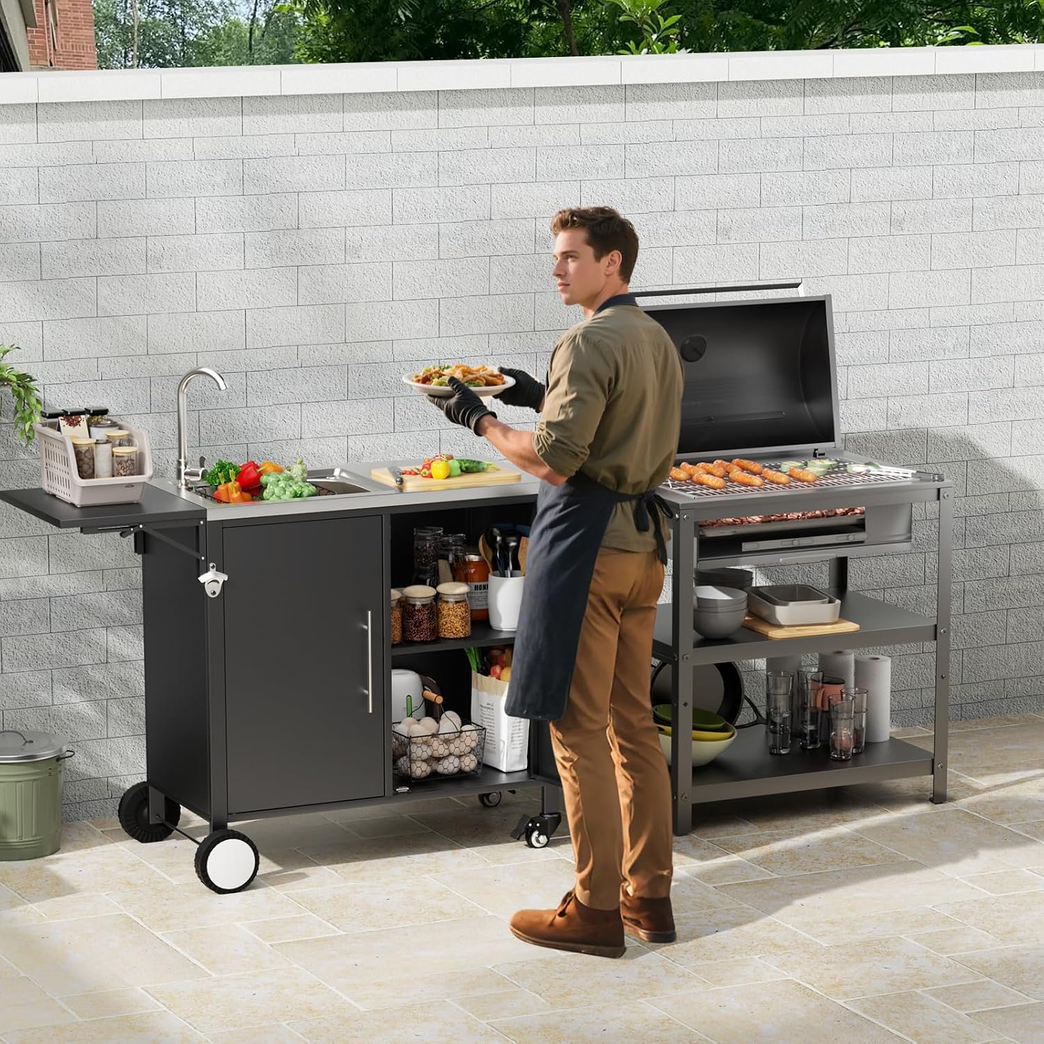 Outdoor Grill Table with Sink, Metal Worktable Kitchen Cabinet Island w/ 304 Stainless Steel Sink, Foldable Top and Storage Cabinet, Rolling Grill Cart with Wheels for Garden, Backyard and Lawn
