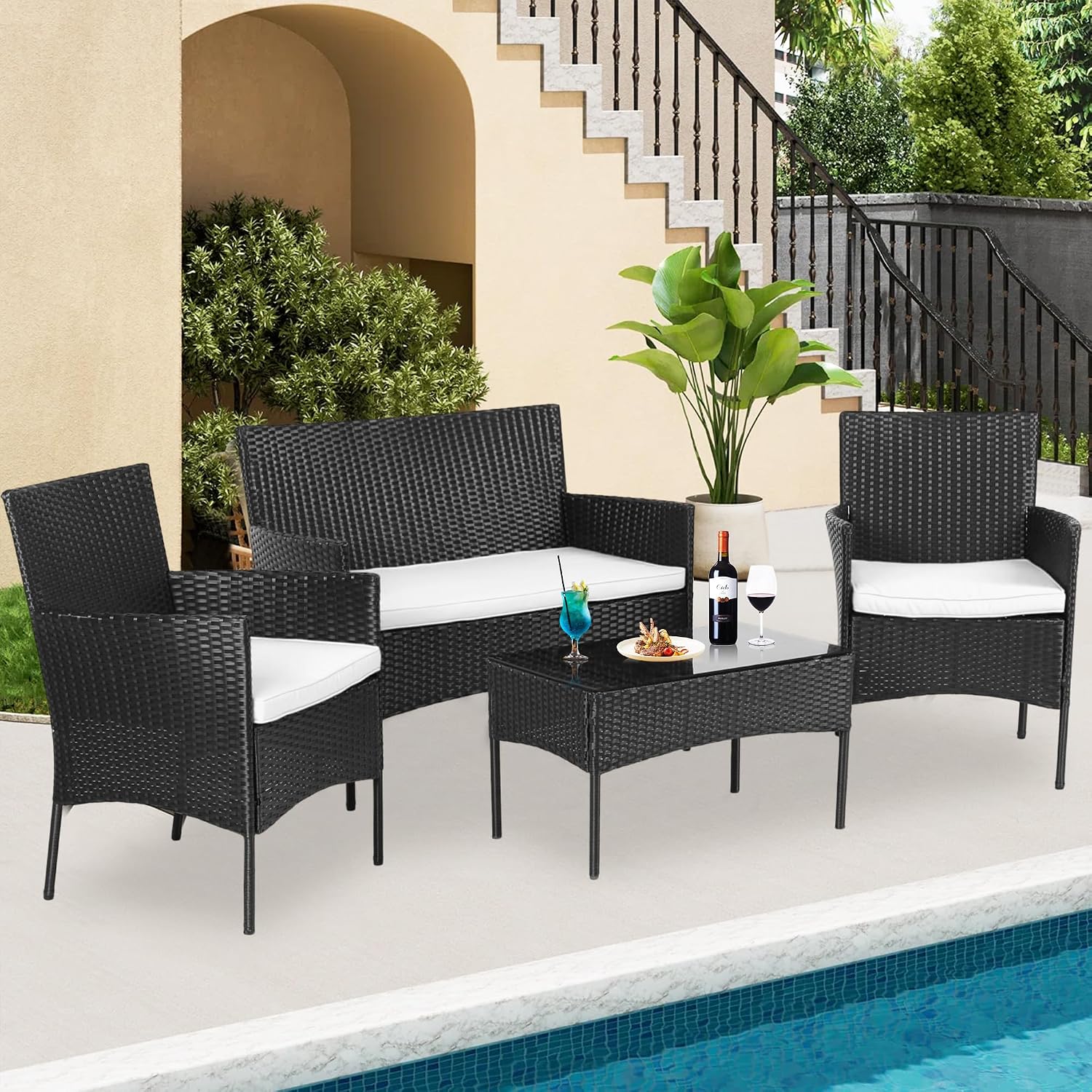 4 Pieces Patio Furniture Set,Rattan Chair Wicker Sofa Garden Conversation Sets,Outdoor Patio Set for Garden Lawn Pool or Backyard,Armrest Chair Loveseat with Tempered Glass Table（Black）