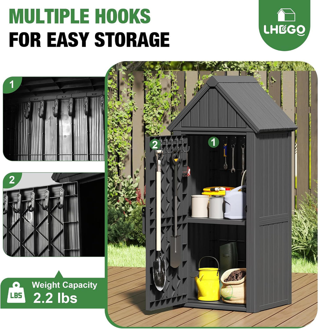 LHBGO Outdoor Storage Shed with Door & Shelf, Large Capacity Weatherproof Garden Tool Cabinet with Multiple Hooks for Backyard, Patio, Lawn（Black
