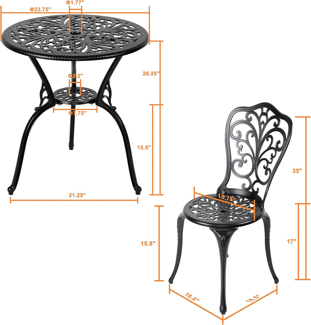 NUU GARDEN 3 Piece Outdoor Bistro Table Set, All Weather Cast Aluminum Patio Bistro Sets Patio Table and Chairs Set of 2 with Umbrella Hole for Yard, Garden, Balcony, Black