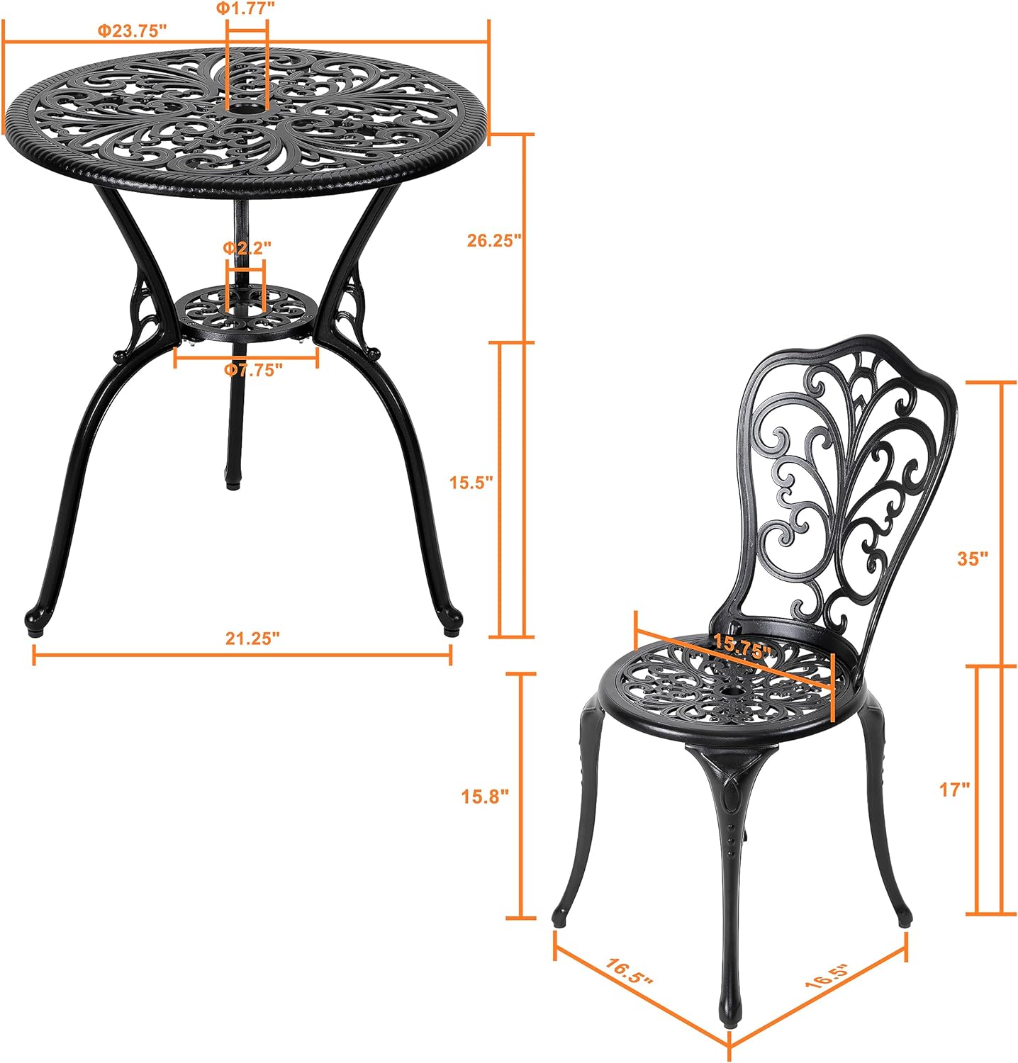 NUU GARDEN 3 Piece Outdoor Bistro Table Set, All Weather Cast Aluminum Patio Bistro Sets Patio Table and Chairs Set of 2 with Umbrella Hole for Yard, Garden, Balcony, Black