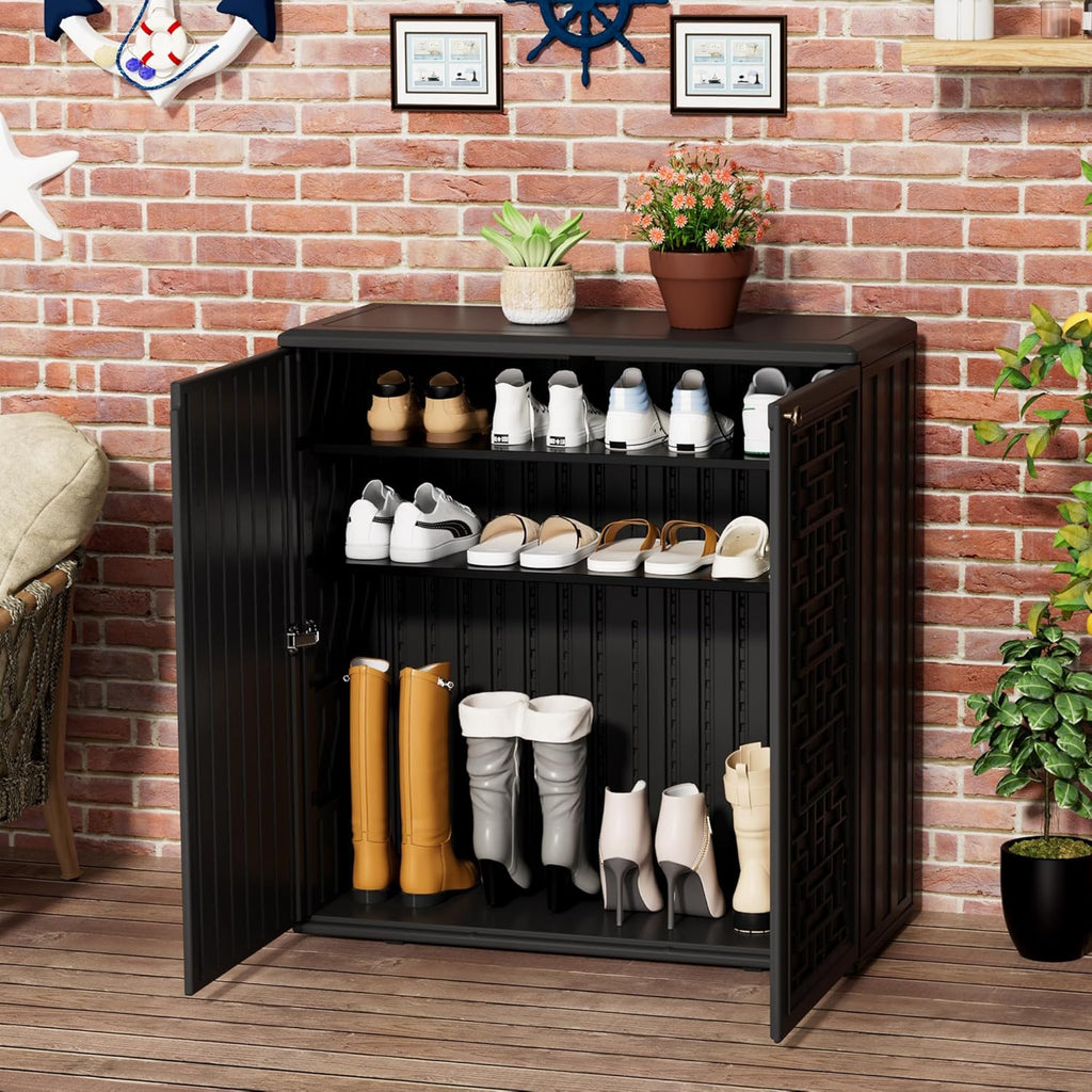 Mrosaa Outdoor Storage Cabinet Waterproof with Shelf,Resin Storage Sheds Outdoor Cabinets for tub Towels/Chemicals/Grill Items/Patio/Garden/Backyard, Size 34.3''L*15''W*36.2''H（Black）