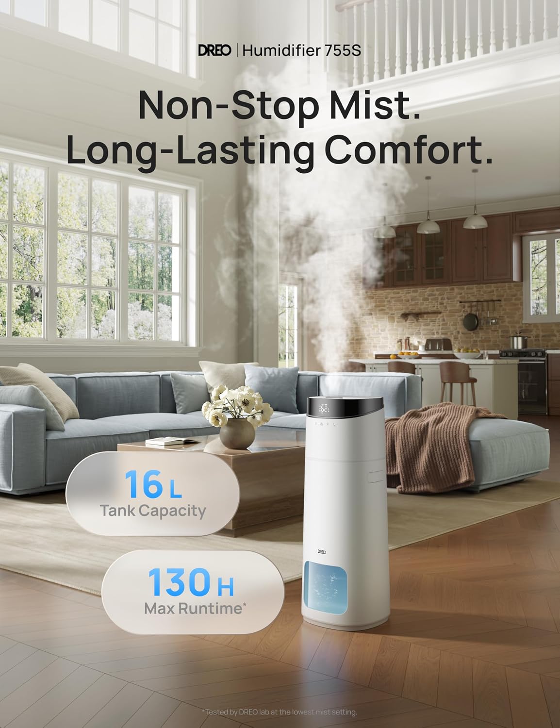 DREO 16L Smart Humidifier Large Room 1000 ft², 130H Cool Mist Air Humidifiers for Bedroom Plants Baby, Top Fill, Remote/Touch/Voice & APP Control, Clean Tank Technology, 30dB, RGB Light, HM755S White