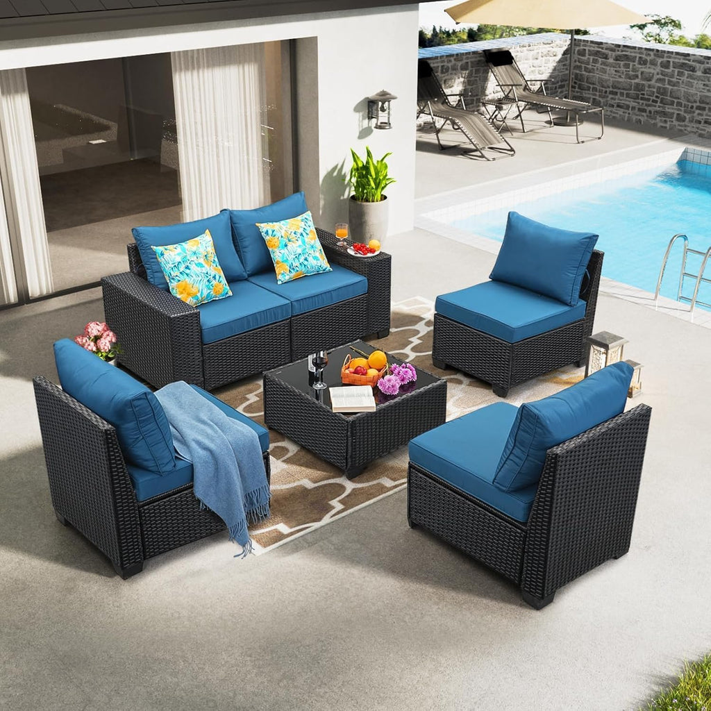Patio Furniture Set, 6 Pieces Outdoor Couch Sofa with Wider Armrests & Glass Coffee Table, Outdoor Sectional Furniture with Thick Cushions for Party, Poolside,Garden-Peacock