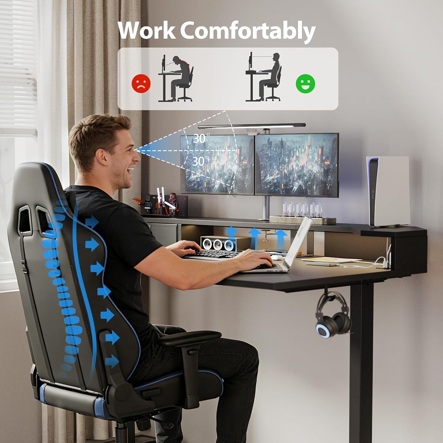 Agilestic 63 Inch L Shaped Electric Standing Desk with Shelf, Height Adjustable Large Desk with Power Outlets & LED, Corner Sit Stand Up Table with Monitor Stand, Computer Workstation, Black