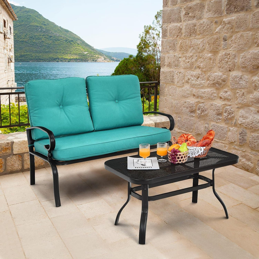 Tangkula Patio Loveseat with Table Set, 2 Seat Cushioned Sofa with Coffee Table, Patio Conversation Sofa Set with Rustproof Frame, 2 Pieces Outdoor Furniture Set for Garden, Poolside (Turquoise)