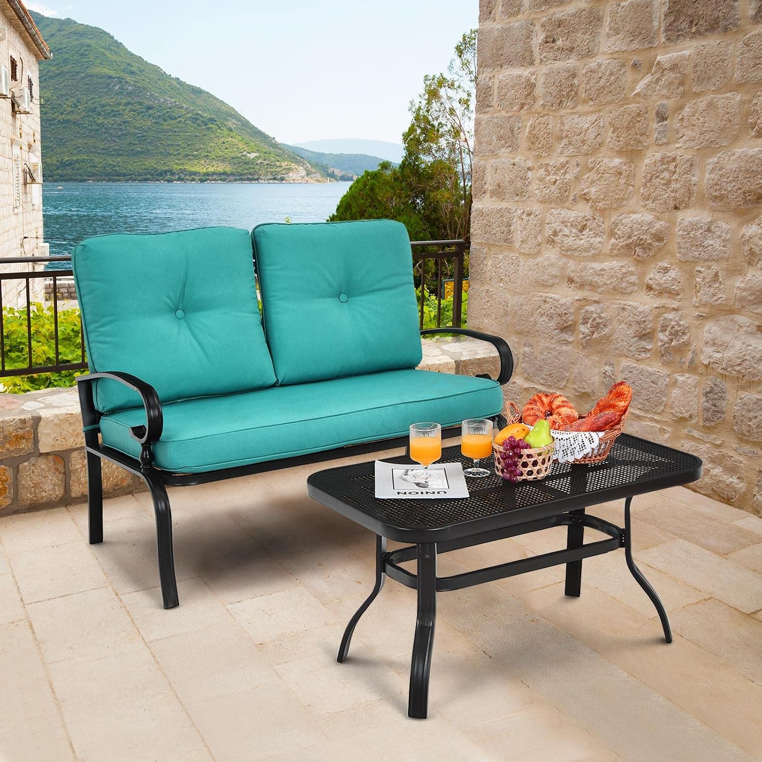 Tangkula Patio Loveseat with Table Set, 2 Seat Cushioned Sofa with Coffee Table, Patio Conversation Sofa Set with Rustproof Frame, 2 Pieces Outdoor Furniture Set for Garden, Poolside (Turquoise)