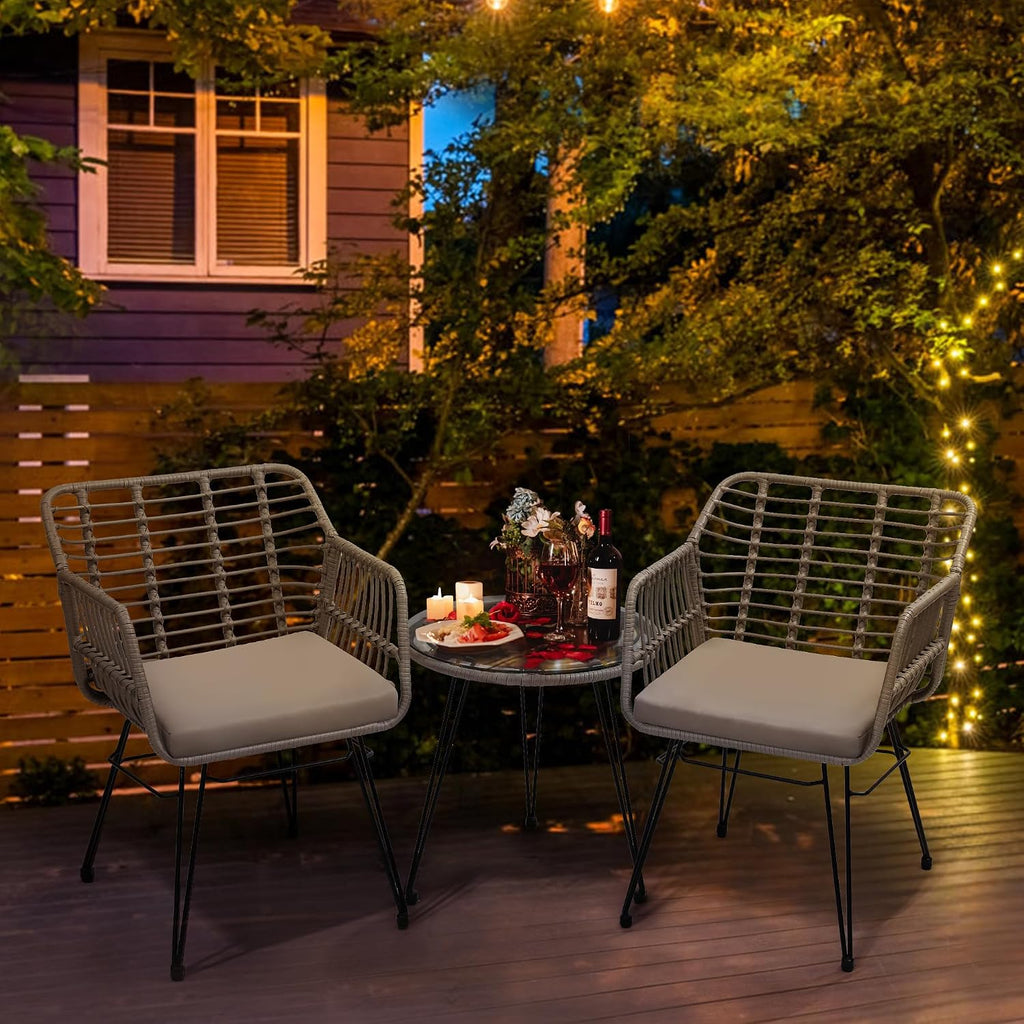 KROFEM 3 Piece Wicker Patio Bistro Furniture Set, Includes 2 Rattan Chairs and Glass Top Table, Ideal for Porch, Outdoor, Backyard, Apartment, Balcony, Grey