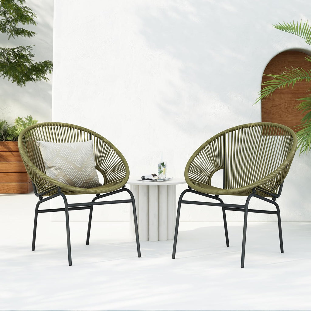 Christopher Knight Home Outdoor Wicker Club Chairs Set of 2, Iron Frame Papasan Chairs for Patio Furniture Set, Poolside Garden Comfy Sofa Set, Green