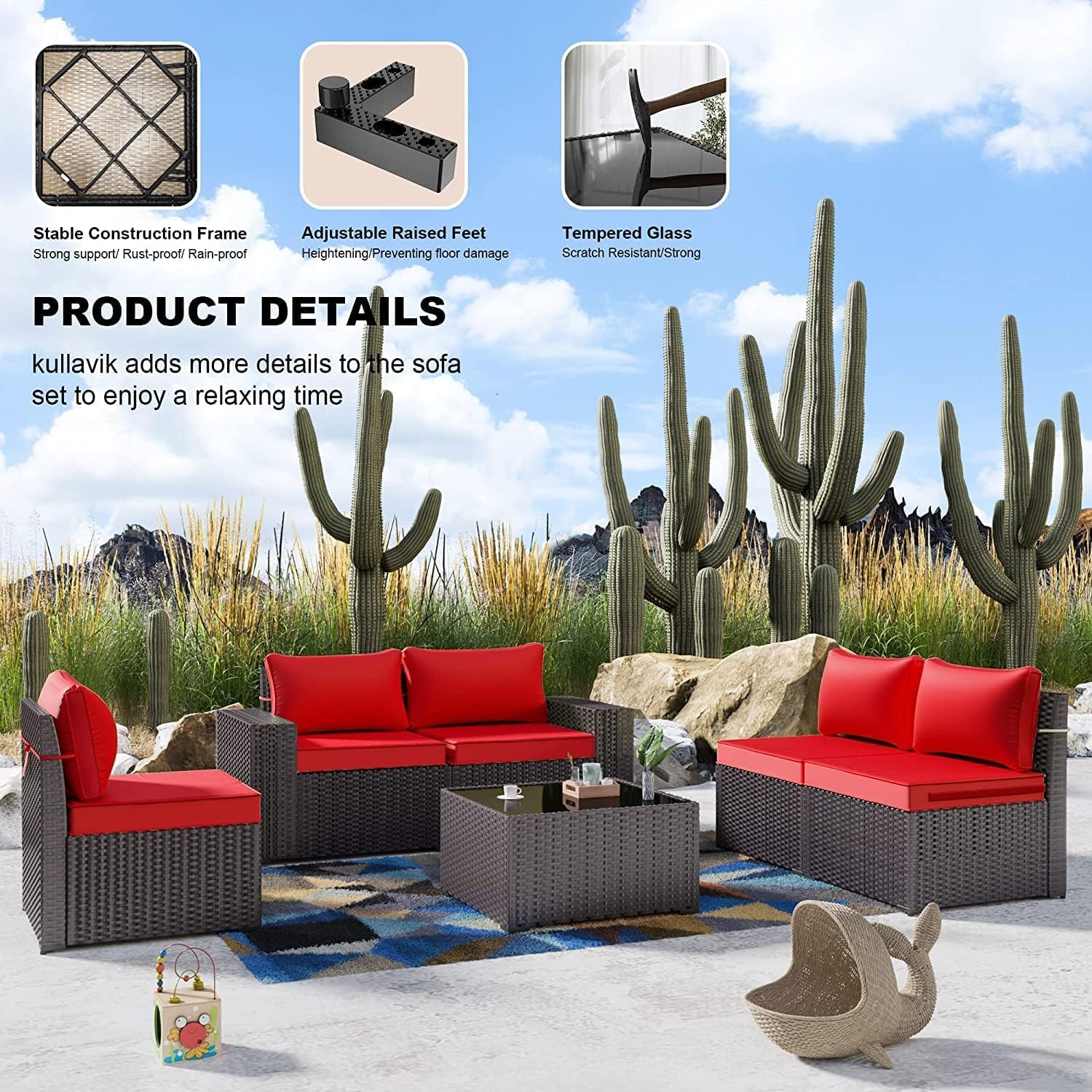 Kullavik Outdoor Patio Furniture Set 12 Pieces Sectional Rattan Sofa Set Brown PE Rattan Wicker Patio Conversation Set with 10 Red Seat Cushions and 2 Tempered Glass Table