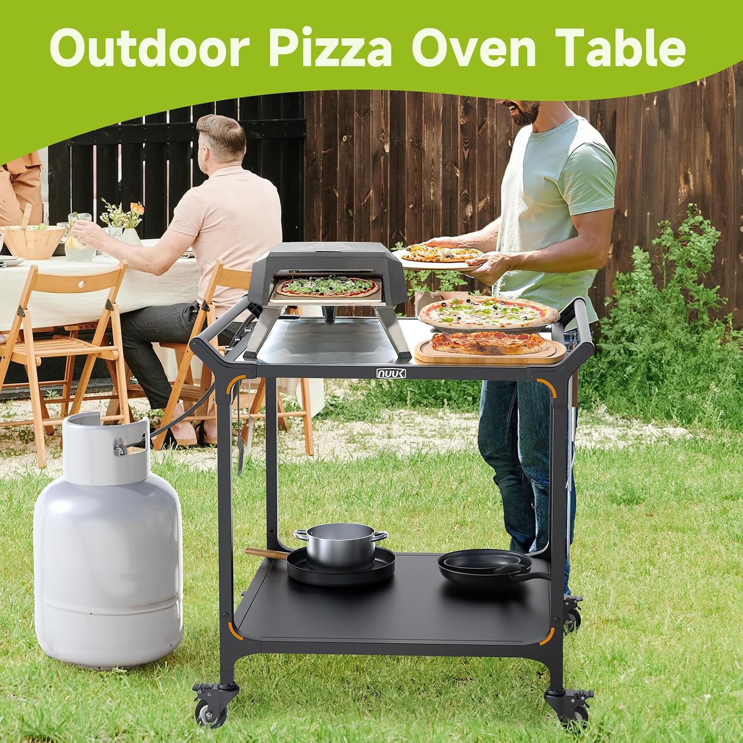 NUUK Outdoor Grill Cart on Wheel 32' x 32', Stainless Steel Pizza Oven Table with Double-Shelf, Rolling Countertop Kitchen Food Prep Cart for Backyard, Garden, Restaurant