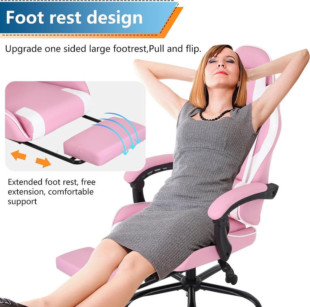 PayLessHere Ergonomic Racing Desk Chair Computer Chair Gaming Chair with Footrest Lumbar Support Headrest Armrest Task Rolling Swivel Ergonomic E-Sports Adjustable PC Gamer Chair (Pink)