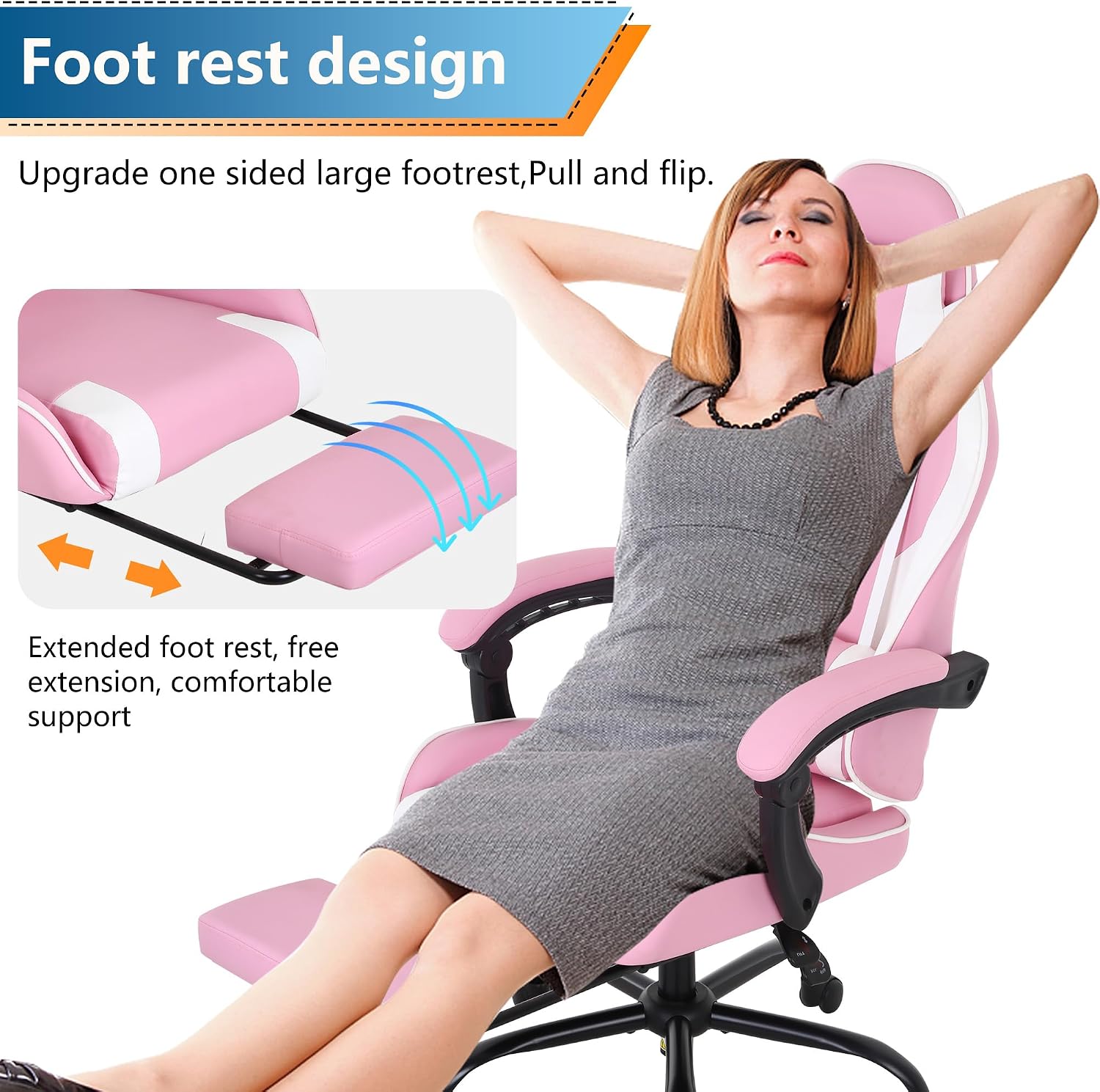PayLessHere Ergonomic Racing Desk Chair Computer Chair Gaming Chair with Footrest Lumbar Support Headrest Armrest Task Rolling Swivel Ergonomic E-Sports Adjustable PC Gamer Chair (Pink)