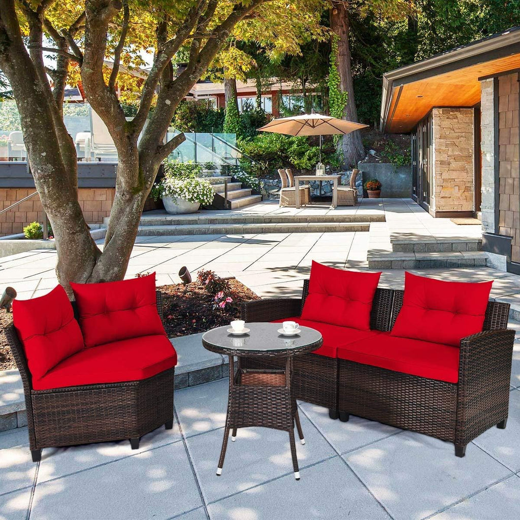 HAPPYGRILL 4 Pieces Rattan Patio Conversation Set, Outdoor Wicker Furniture Set with Cushioned Sofas and Coffee Table, L-Shape Sectional Curved Sofa Set for Garden Poolside Balcony