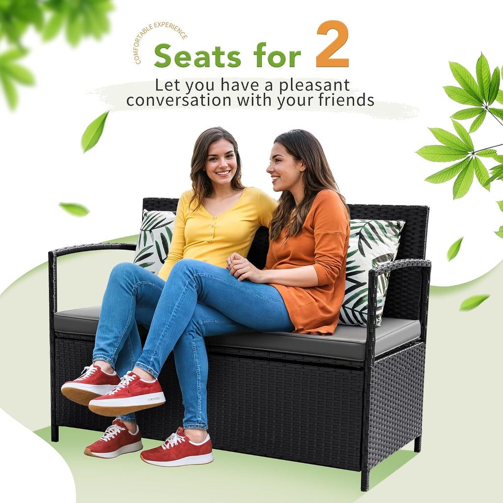Greesum Patio Loveseat PE Rattan Wicker Outdoor Furniture with Soft Cushions & Built-in Storage Space for Lawn Garden Backyard, Black