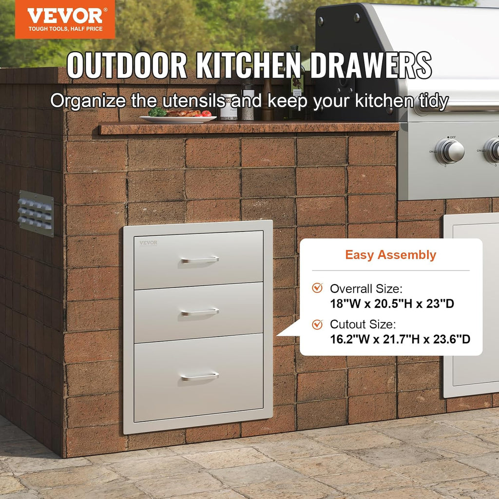 VEVOR 18x23 Inch Outdoor Kitchen Cabinets 18W x 20.5H x 23D Inch, BBQ Drawers Stainless Steel, Outdoor Kitchen Drawers Triple Access with Chrome Handle, BBQ Island Drawers, Grill Drawers Storage