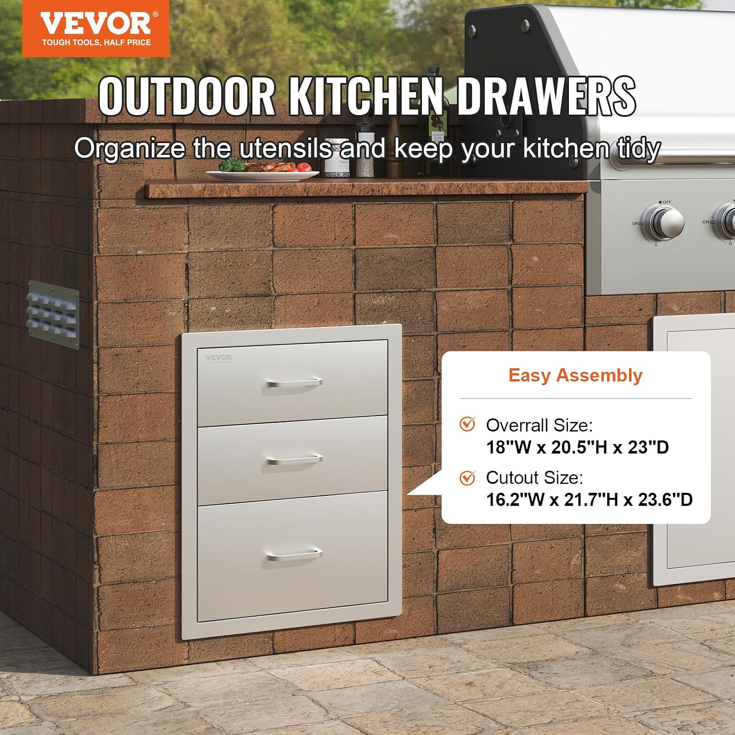 VEVOR 18x23 Inch Outdoor Kitchen Cabinets 18W x 20.5H x 23D Inch, BBQ Drawers Stainless Steel, Outdoor Kitchen Drawers Triple Access with Chrome Handle, BBQ Island Drawers, Grill Drawers Storage