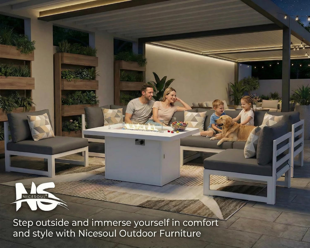 NICESOUL 7 Piece Modern Aluminum Patio Furniture Set with Fire Pit Table, 500 lbs Heavy Duty Outdoor Sectional Sofa, 29' Deep Wide Oversized Seating Conversation Couch for Garden Exterior, Dark Gray