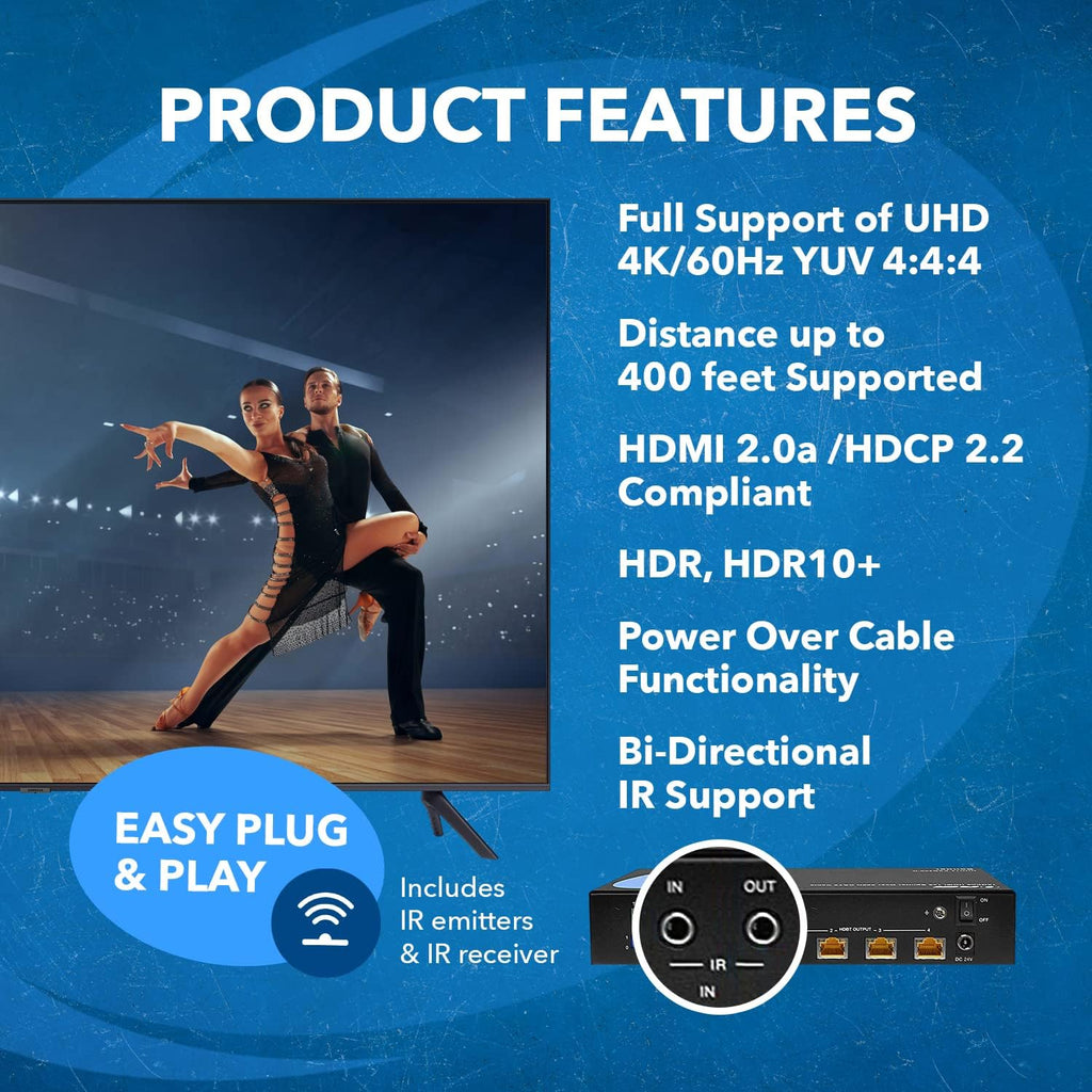 OREI 1x4 HDMI Extender Splitter HDBaseT 4K, Multiple Over Single Cable CAT6/7 4K@60Hz 4:4:4 HDCP 2.2 With IR Remote EDID Management, HDR - Up to 400 Ft - Loop Out - Low Latency - Full Support