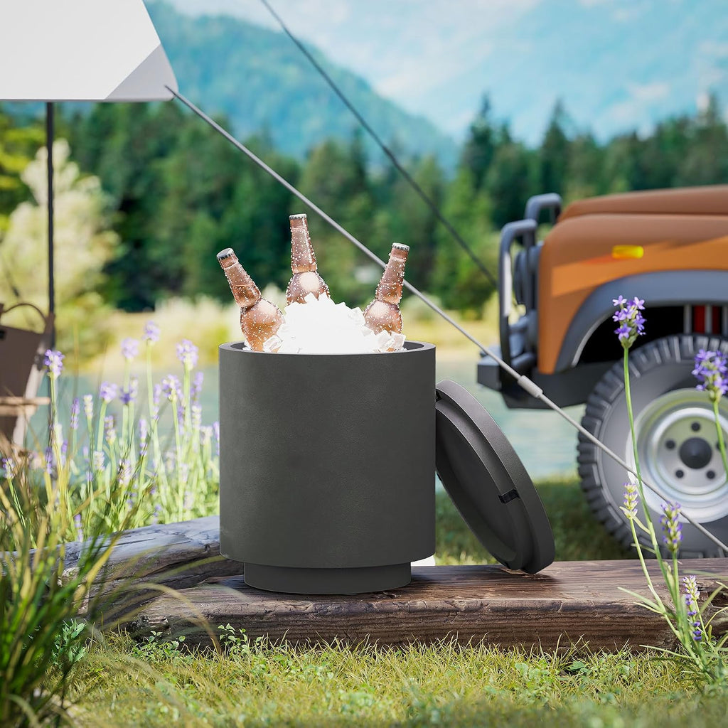 HOMCOM 2.6 Gal Outdoor Cooler Side Table, 3-in-1 Cool Coffee Table with Storage, Removable Ice Bucket and Lid, Concrete Small Patio Table for Party, Poolside, Deck, Charcoal Gray