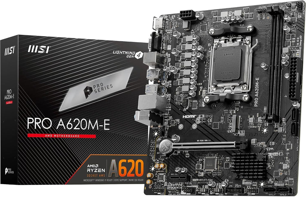 MSI PRO A620M-E Motherboard, Micro-ATX - Supports AMD Ryzen 7000 Series Processors, AM5 - DDR5 Memory Boost 6400+MHz/OC, 1 x PCIe 4.0 x16, 1 x M.2 Gen4