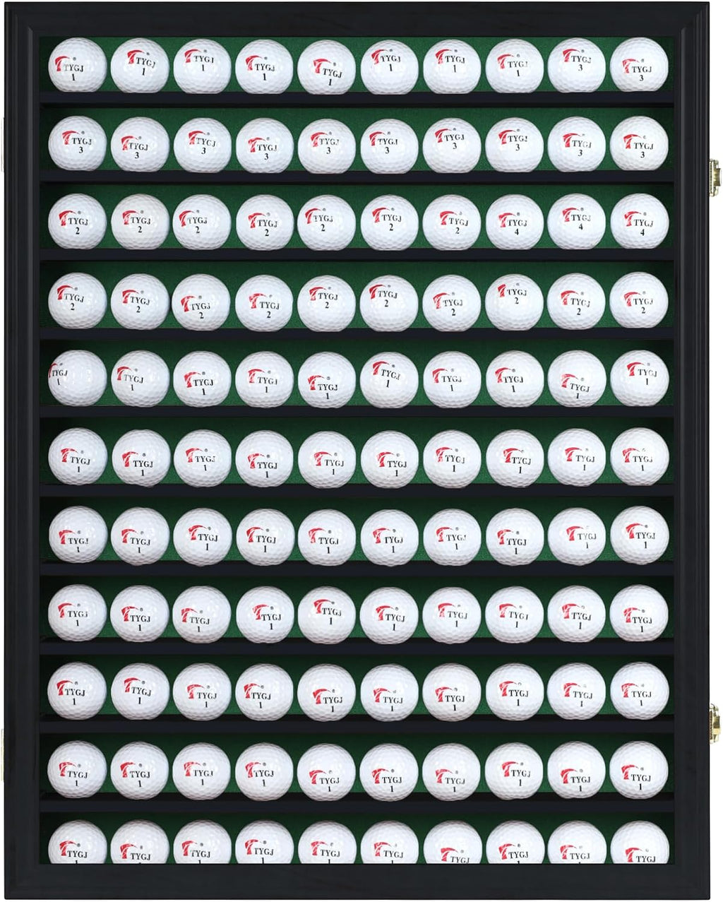 DisplayGifts 110 Golf Ball Display Case for Wall Mount – UV Protection with Gold Lock, Holds 110 Golf Balls, Exterior Size: 24.9'x19.5'x2.8', Black Finish Frame with Green Felt Interior