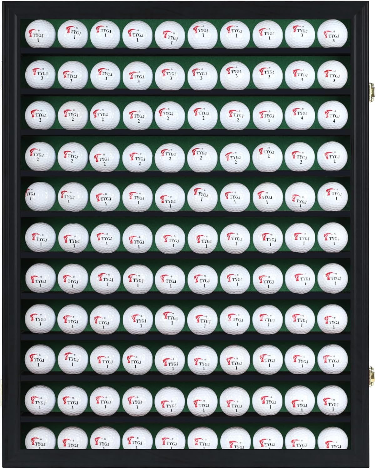 DisplayGifts 110 Golf Ball Display Case for Wall Mount – UV Protection with Gold Lock, Holds 110 Golf Balls, Exterior Size: 24.9'x19.5'x2.8', Black Finish Frame with Green Felt Interior