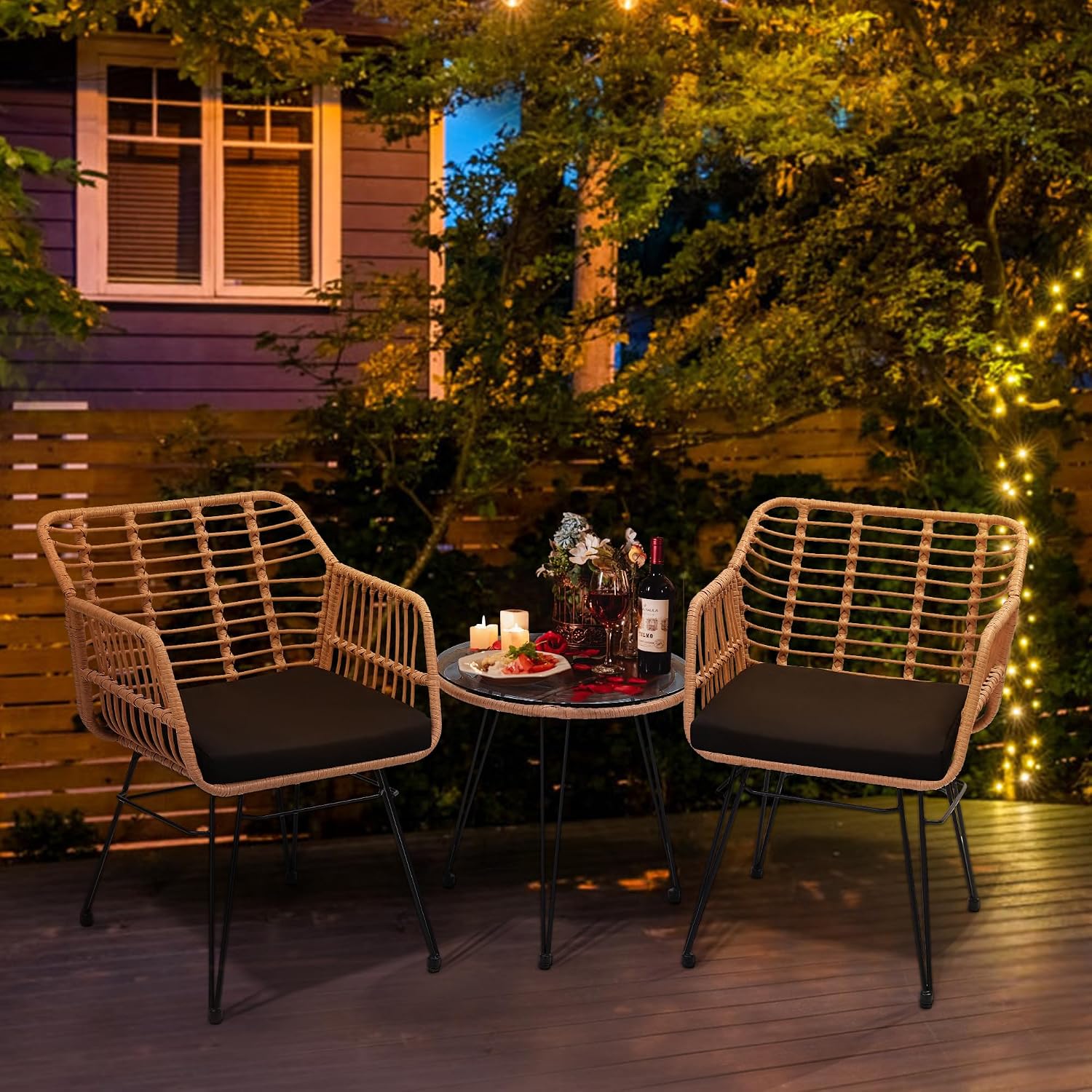 KROFEM 3 Piece Wicker Patio Bistro Furniture Set, Includes 2 Rattan Chairs and Glass Top Table, Ideal for Porch, Outdoor, Backyard, Apartment, Balcony, Natural