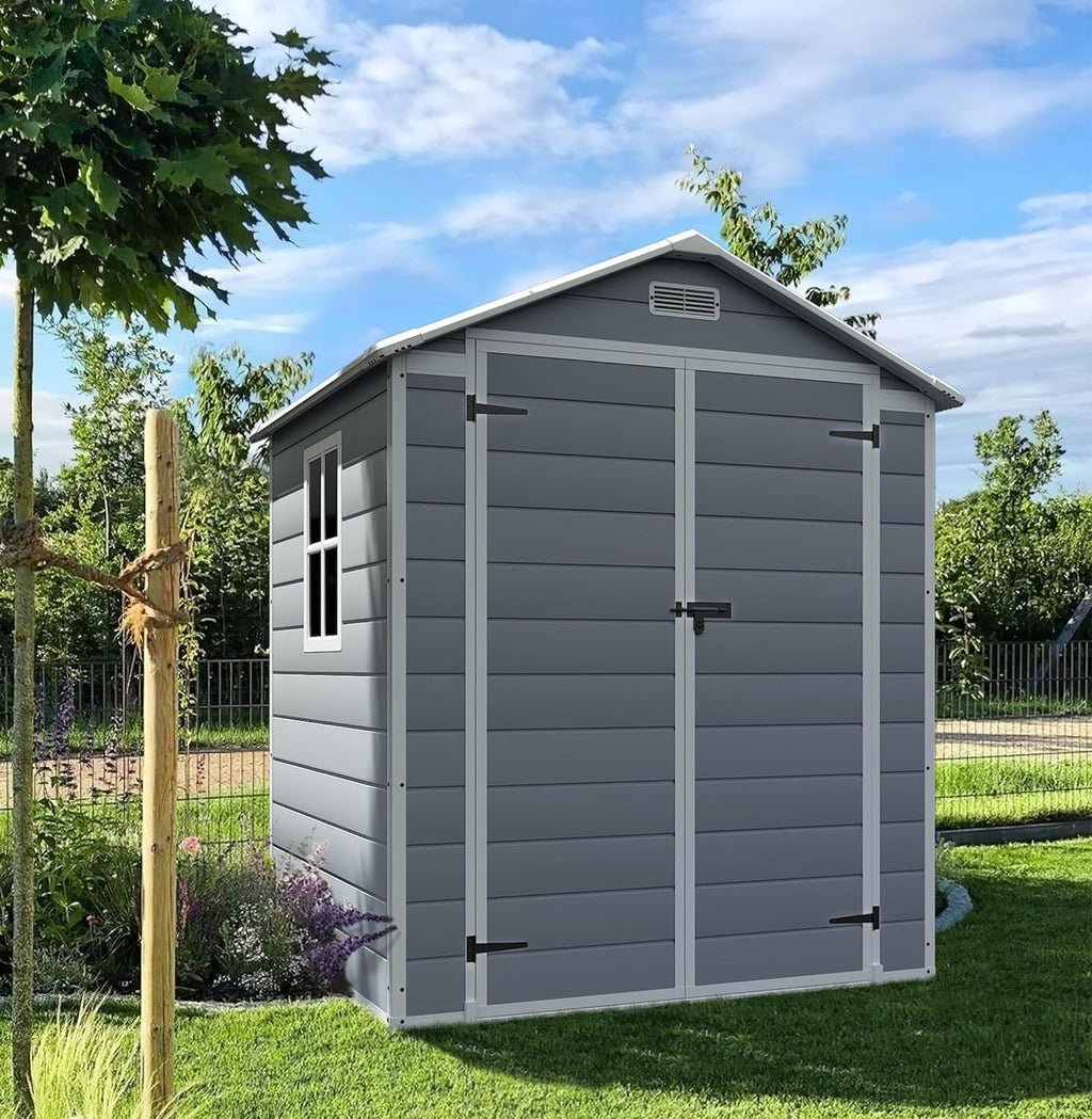 Devoko 6x4 FT Outdoor Storage Shed - Waterproof Plastic Resin Garden Shed with Lockable Door & Floor, for Backyard, Patio, Lawn & Pool Tools