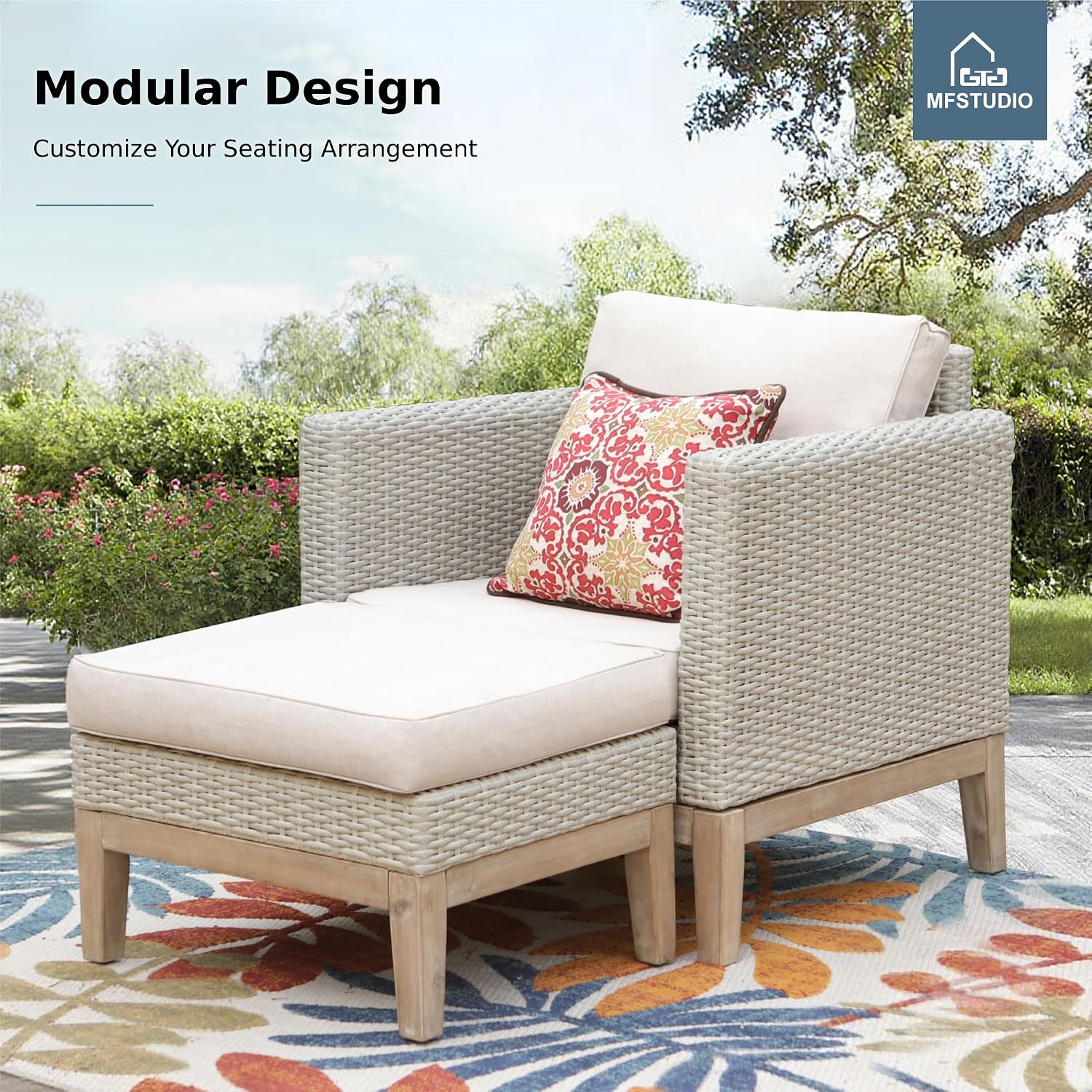MFSTUDIO Wicker Patio Furniture Set, All Weather Rattan Outdoor Conversation Set with 2 Ottomans, 5 Pieces Patio Sectional Modular Sofa Couch Set with Wood Coffee Table, Beige Cushions