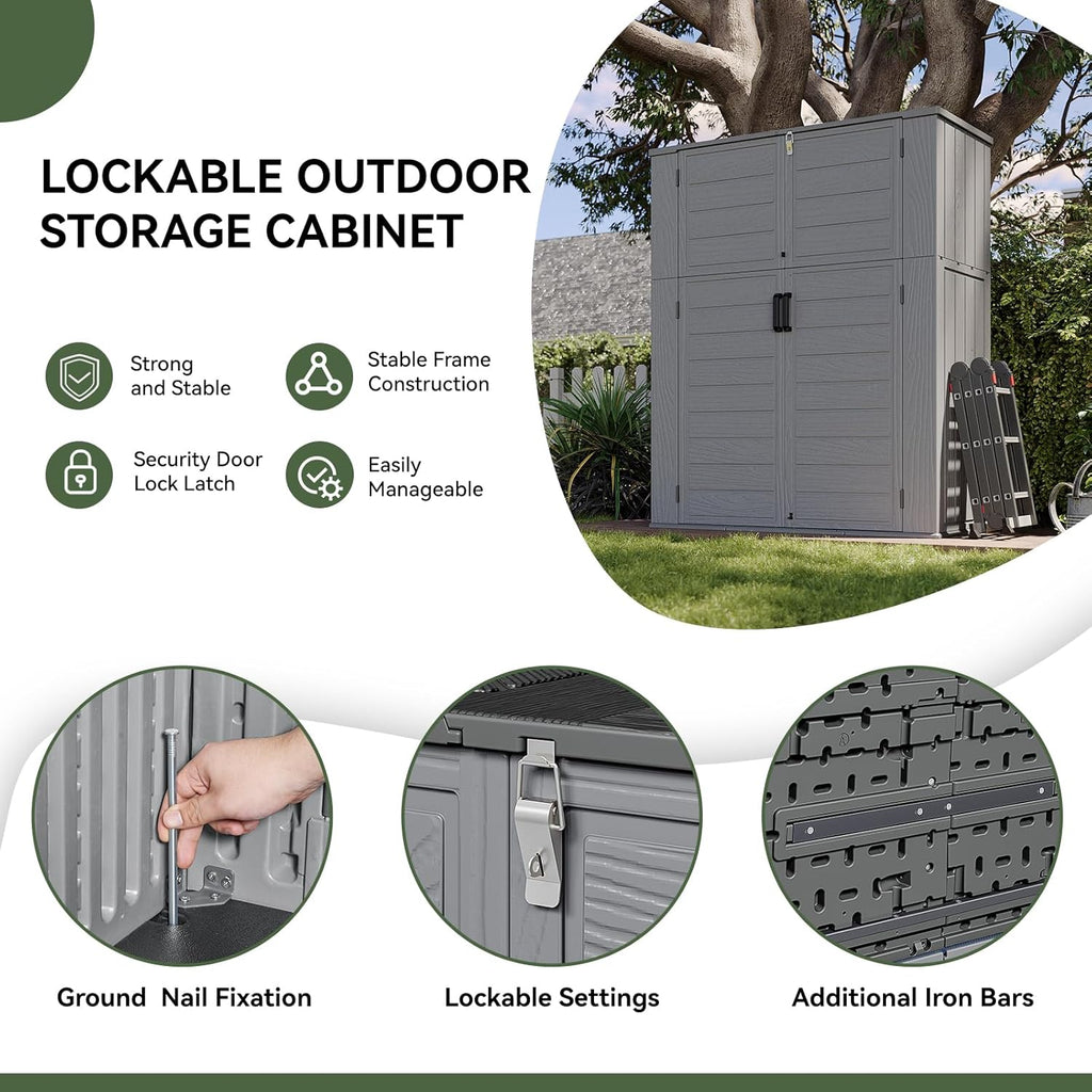 Aoxun Outdoor Storage Shed with Floor, 61 Cu.Ft Large Outdoor Storage Cabinet, Waterproof Vertical Resin Shed for Garden Tools, Pool Equipment, Dark Grey