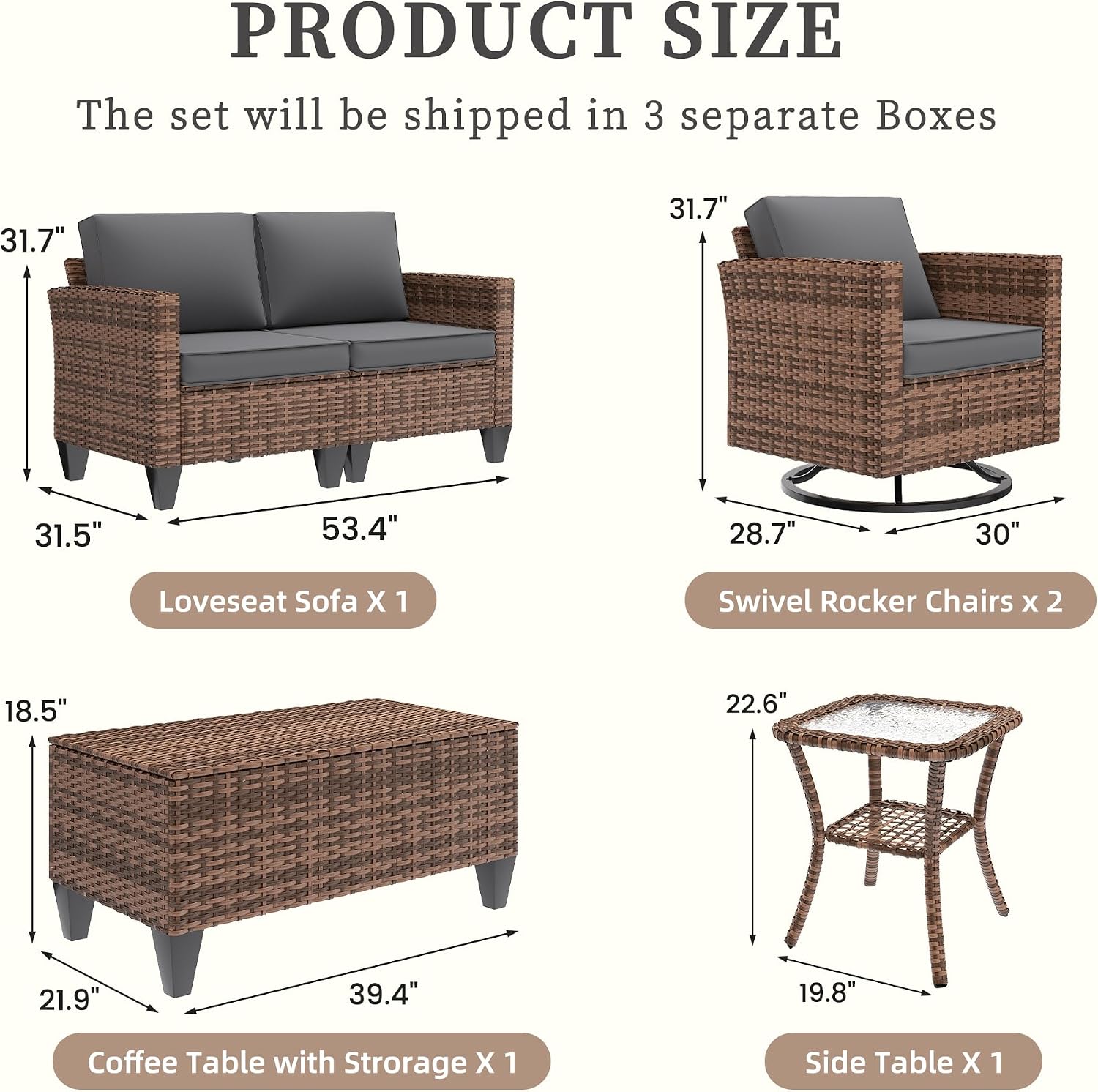 UDPATIO Patio Furniture Set, 5 Pieces Outdoor Furniture Sets with Rocking Swivel Chairs, Wicker Rattan Outdoor Conversation Set with Storage Table and Waterproof Covers for Backyard, Deck, Porch, Grey